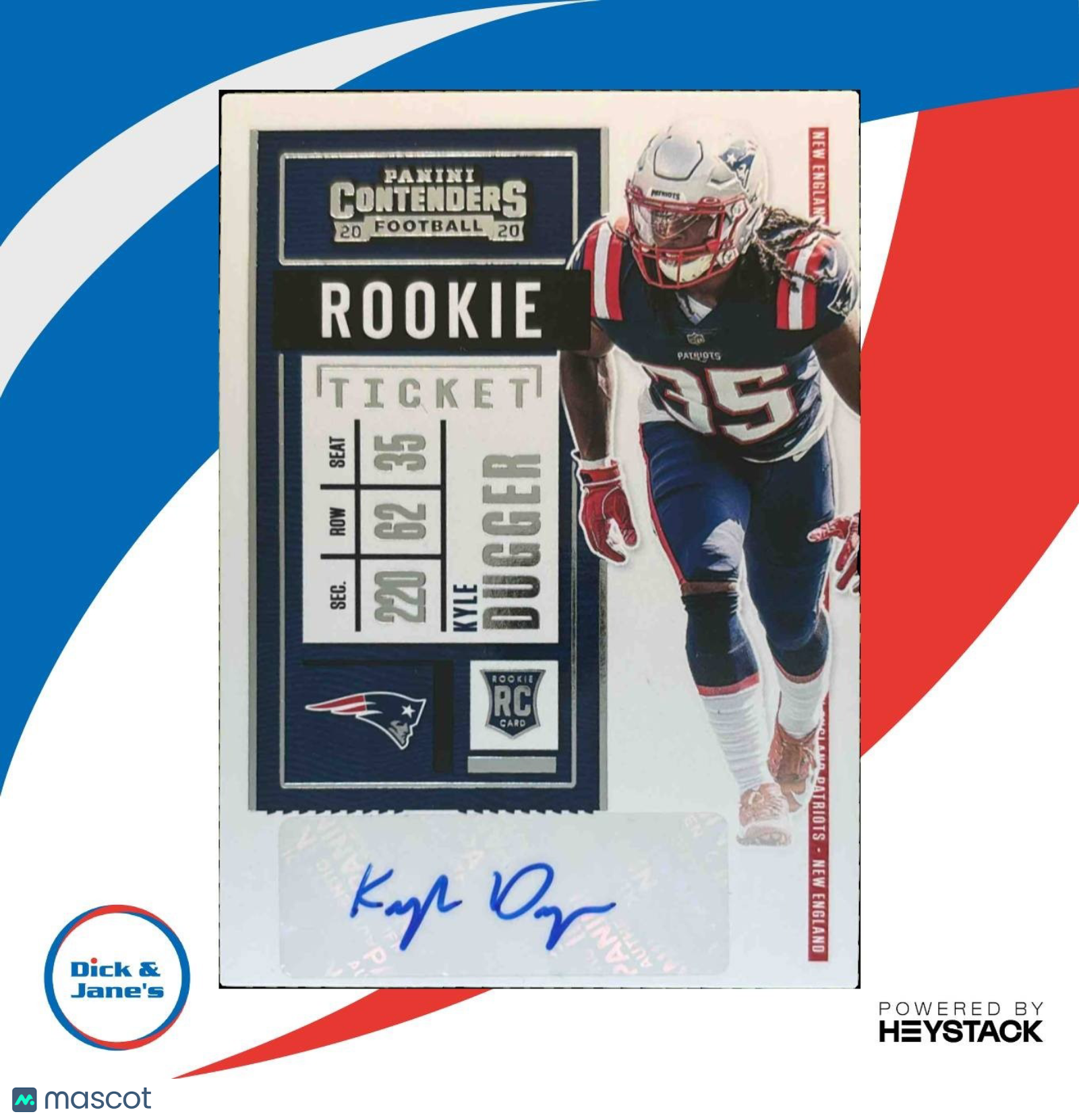 2020 Contenders Kyle Dugger #171 Auto RC Rookie Ticket New England Patriots - Sports Cards