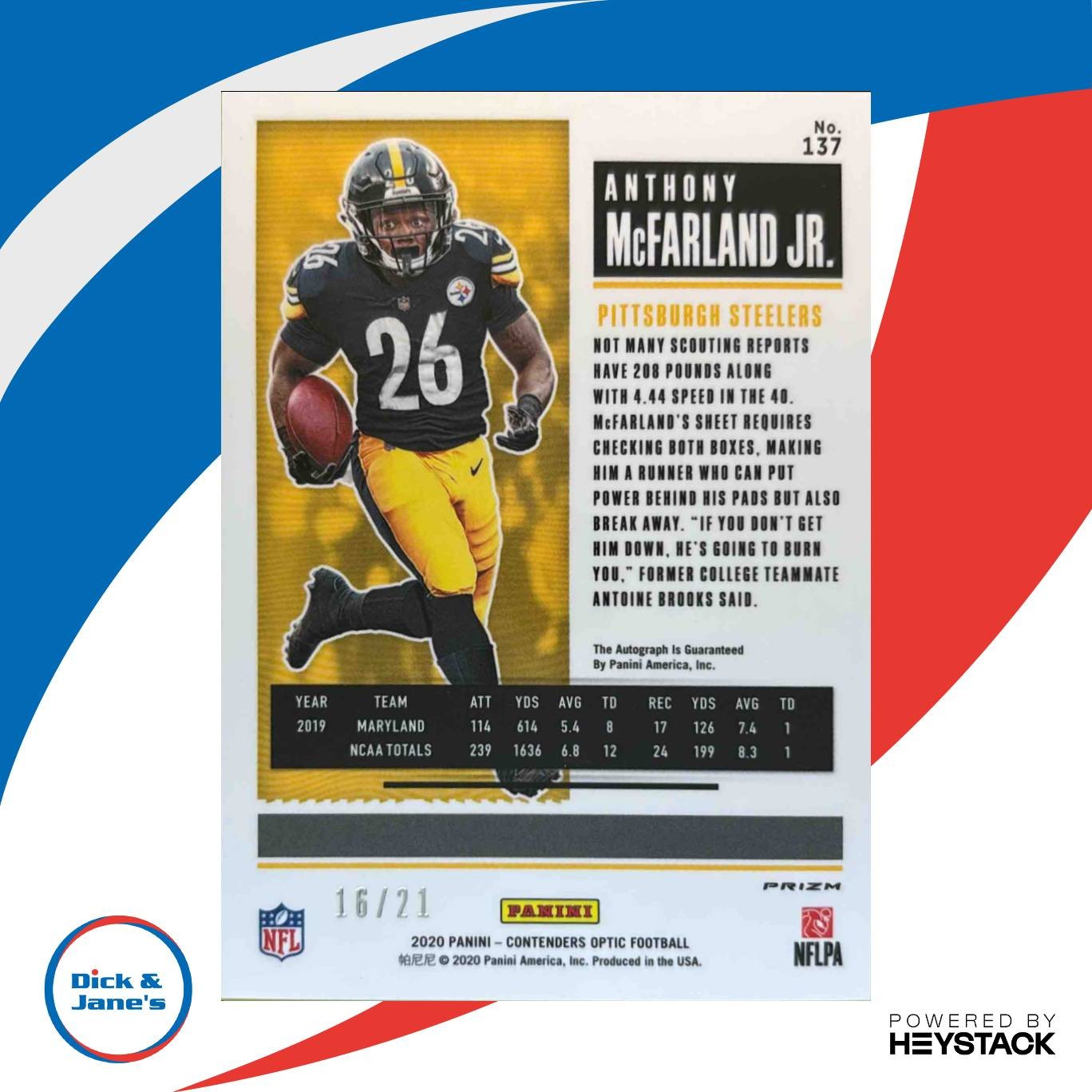 2020 Contenders Optic Anthony McFarland Jr. Purple Pulsar /21 #137 Auto Steelers - Sports Cards