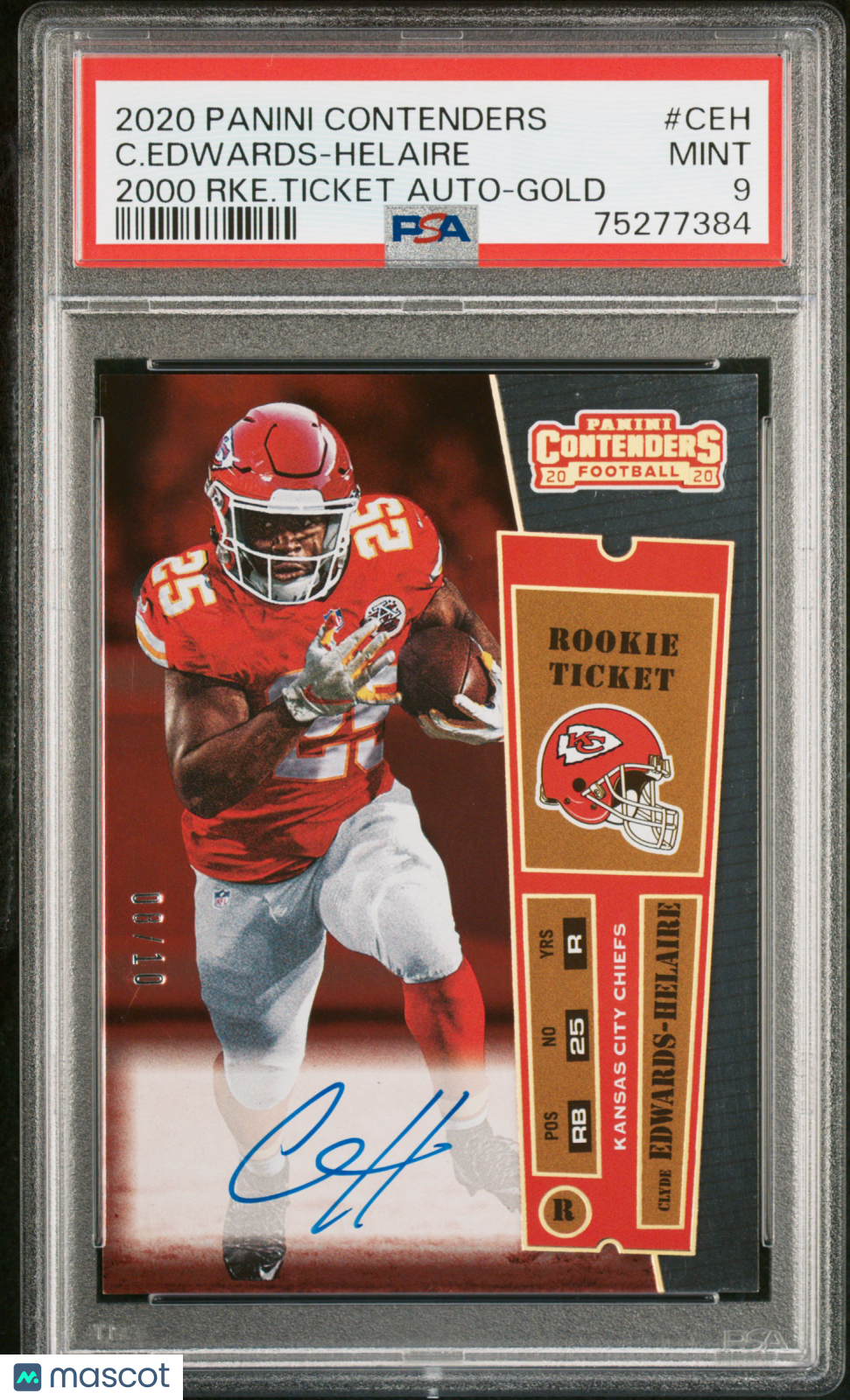 2020 Contenders Rookie Ticket Gold Autograph Clyde Edwards Helaire PSA 9 # 08/10 - Graded Sports Cards