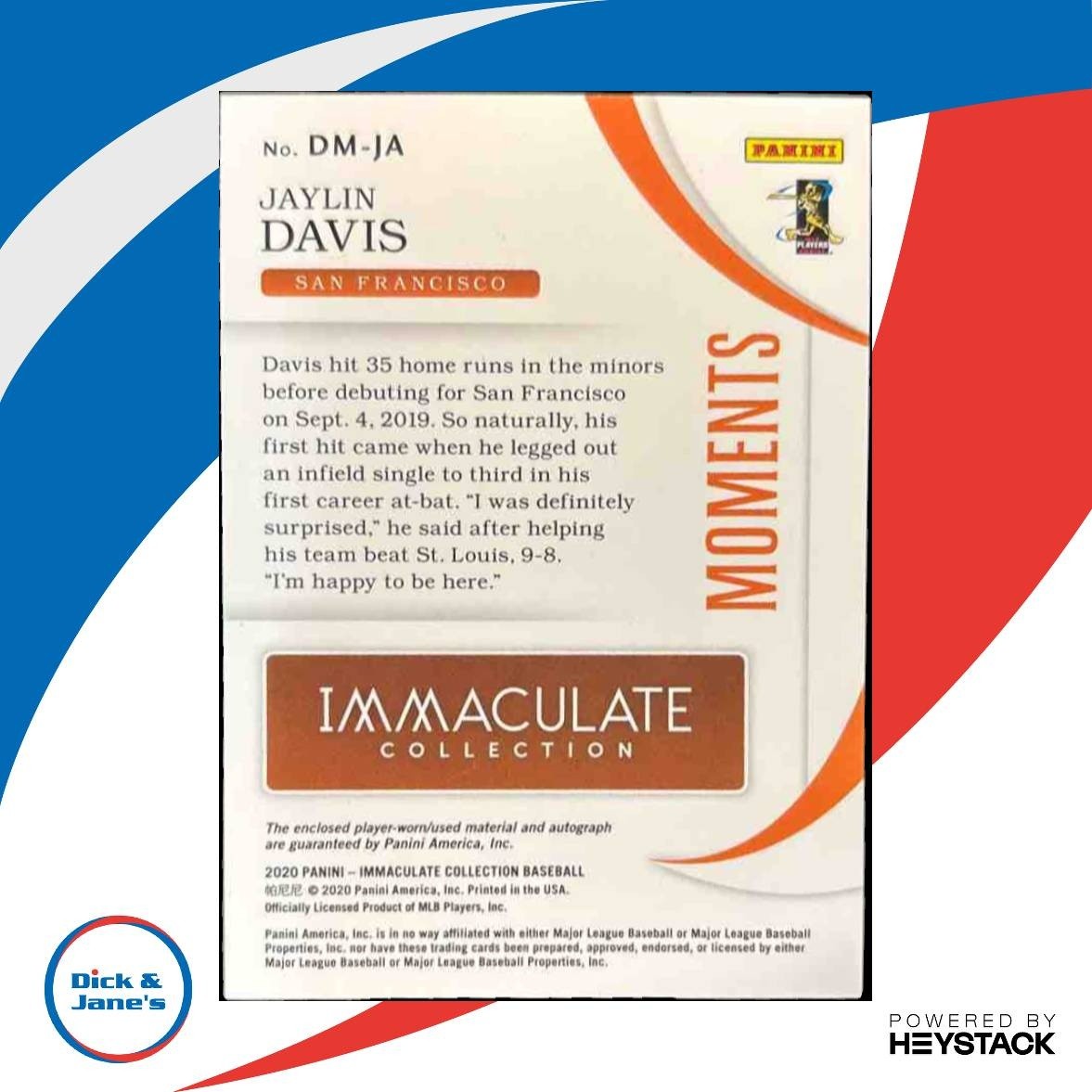 2020 Immaculate Collection Jaylin Davis Debut Moments /99 MEM Auto RC Giants - Sports Cards