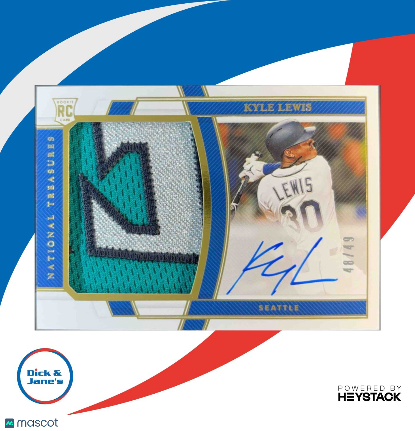 2020 National Treasures Kyle Lewis Rookie Material Signature Gold 48/49 Mariners - Sports Cards