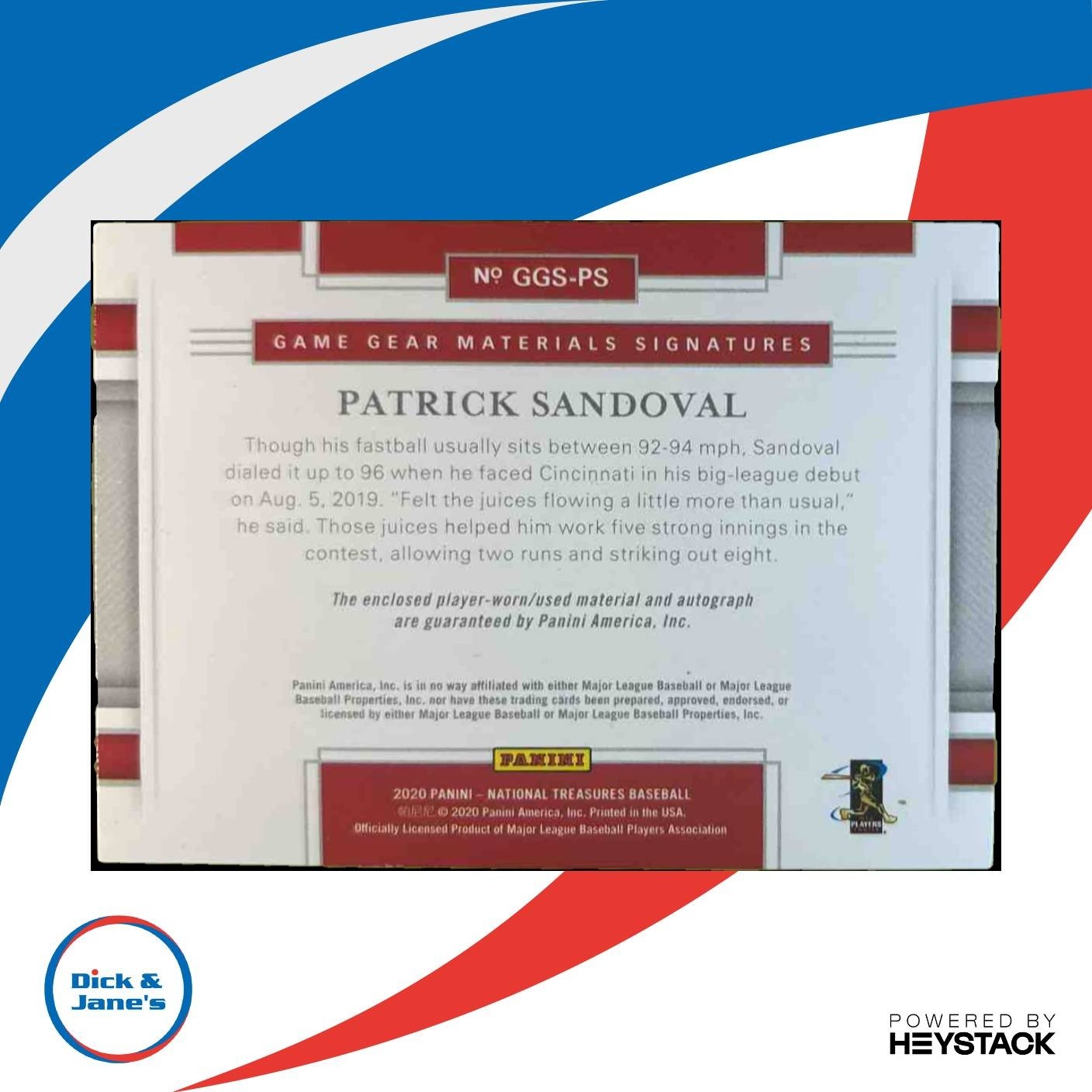 2020 National Treasures Patrick Sandoval Game Gear Dual Patch Auto /50 RC Angels - Sports Cards