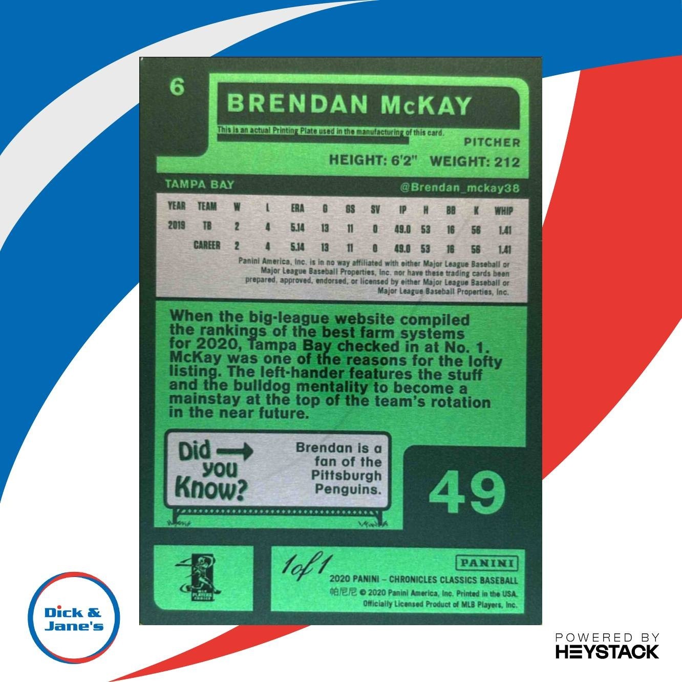 2020 Panini Chronicle Brendan McKay Classics Printing Plates Cyan 1/1 #6 RC Rays - Sports Cards