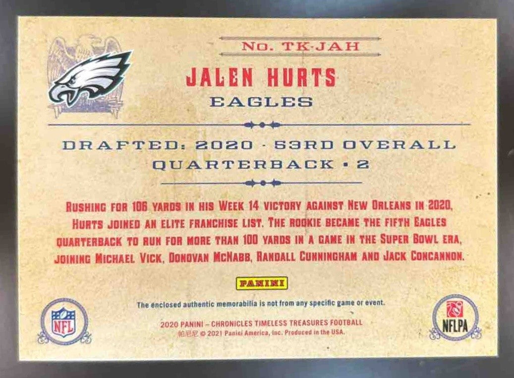 2020 Panini Chronicles Jalen Hurts Timeless Treasures Patch /399 RC Eagles - Sports Cards