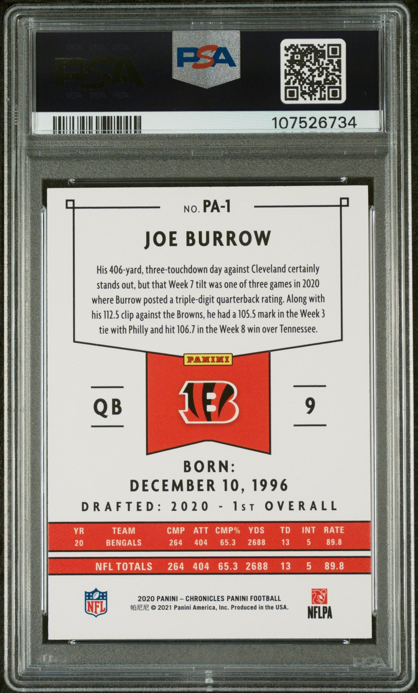 2020 Panini Chronicles Panini Joe Burrow #PA1 PSA 9 - Graded Sports Cards
