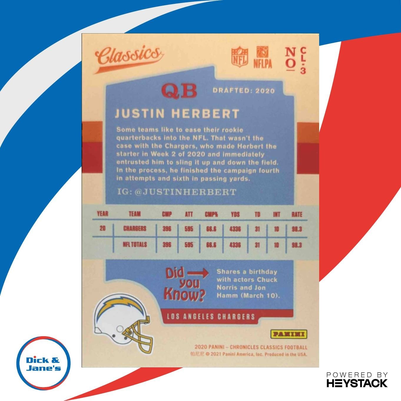 2020 Panini Chronicles Justin Herbert Classics #CL-3 RC Los Angeles Chargers - Sports Cards
