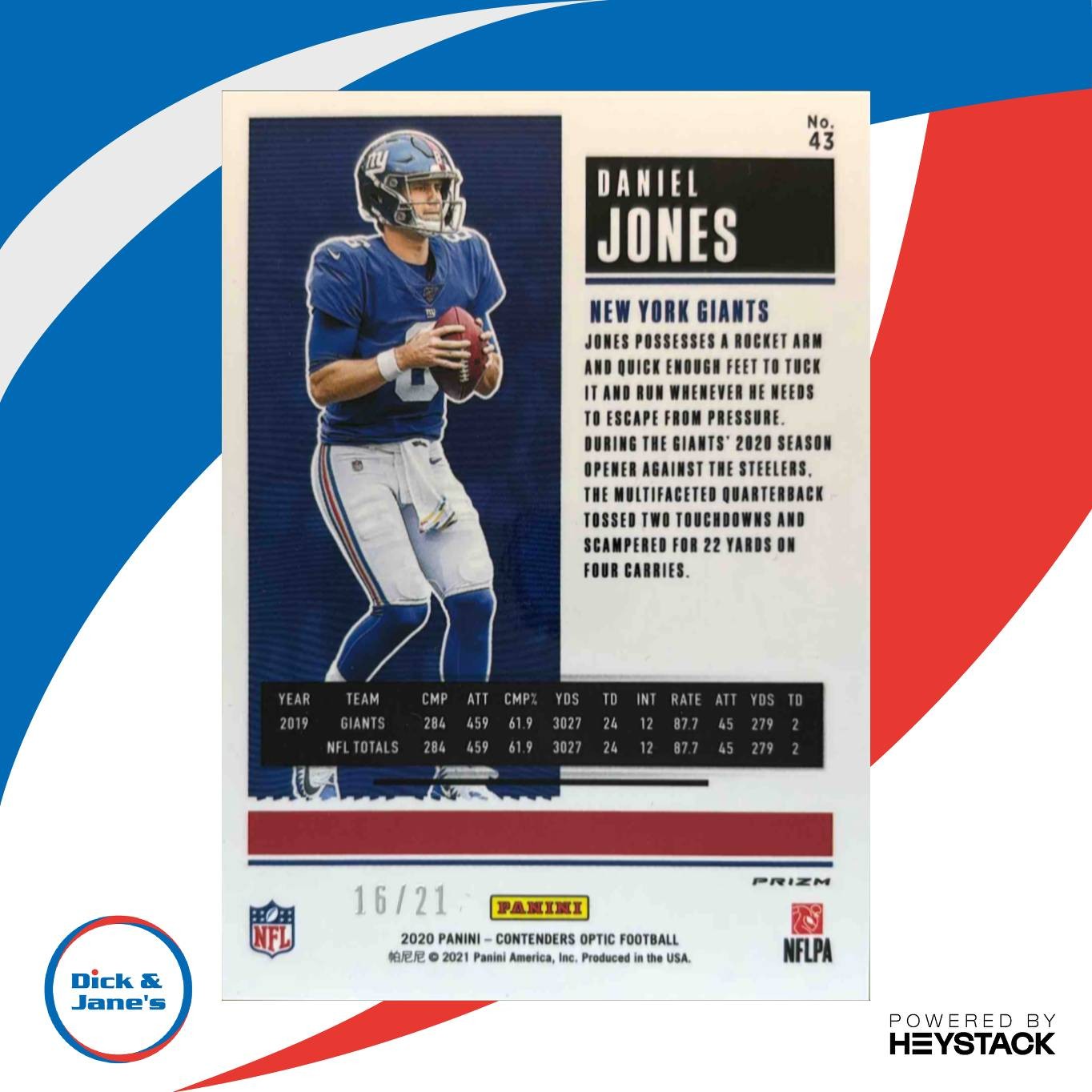 2020 Panini Contenders Optic Daniel Jones Purple Pulsar /21 #43 New York Giants - Sports Cards