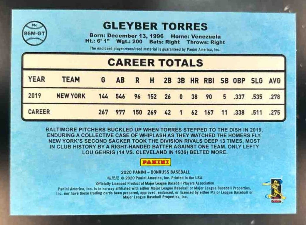 2020 Panini Donruss Gleyber Torres Retro 1986 Materials Gold /25 MEM Yankees - Sports Cards