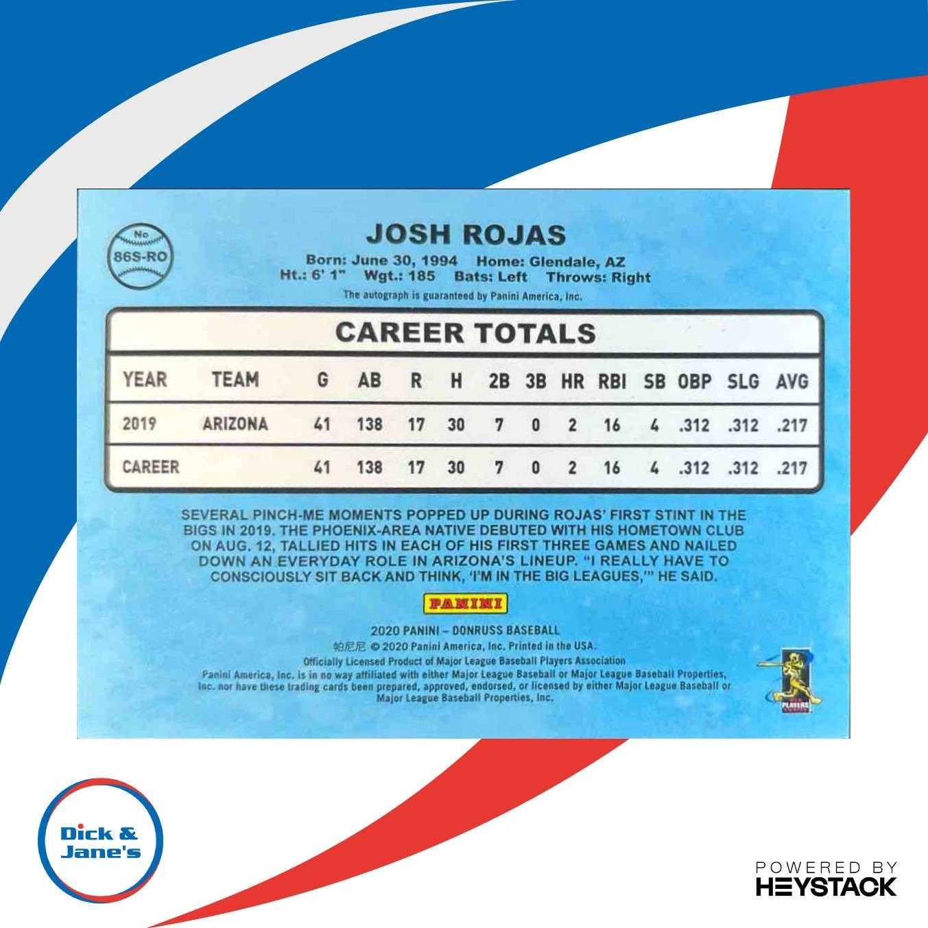 2020 Panini Donruss Josh Rojas Retro 1986 Signatures Auto RC Arizona Diamondback - Sports Cards