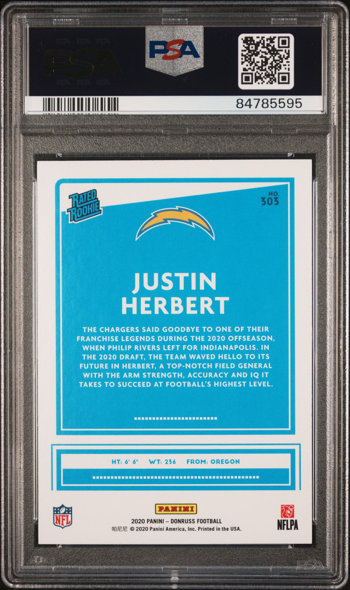 2020 Panini Donruss Justin Herbert Blue Press Proof #303 PSA 8 - Graded Sports Cards