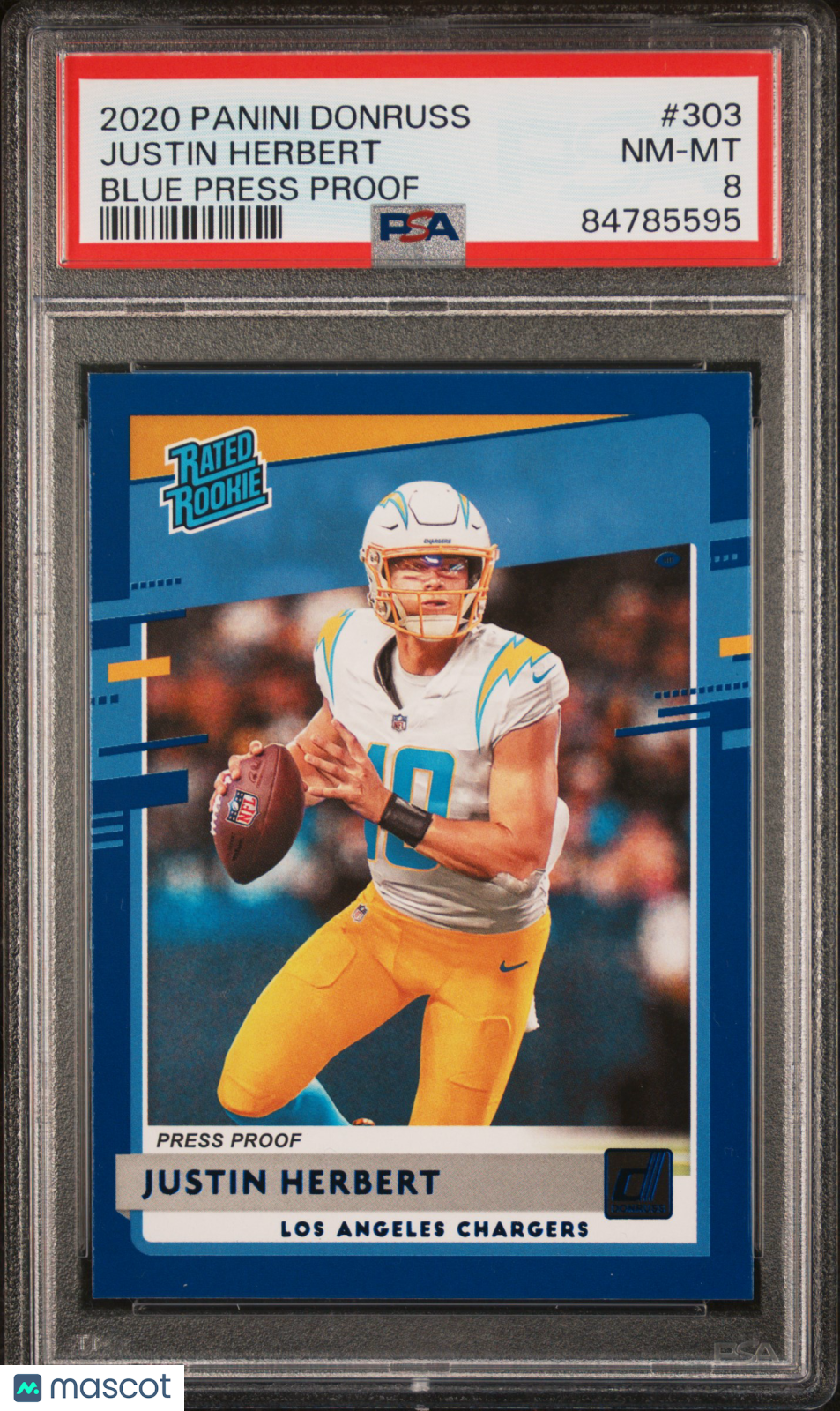 2020 Panini Donruss Justin Herbert Blue Press Proof #303 PSA 8 - Graded Sports Cards