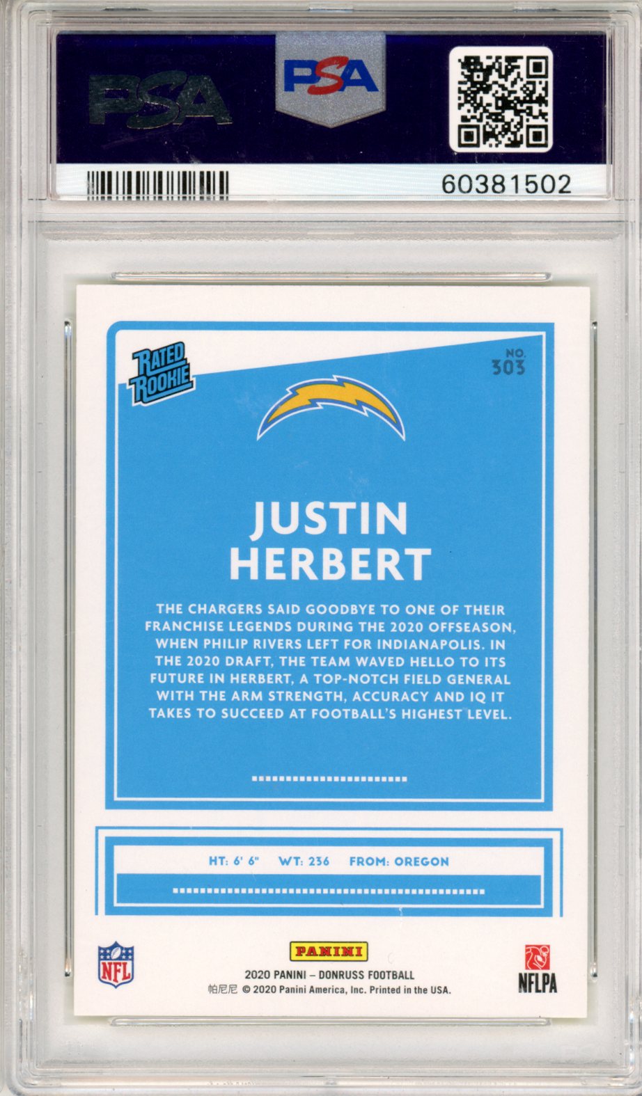 2020 Panini Donruss Justin Herbert Yellow Press Proof #303 PSA 10 - Graded Sports Cards