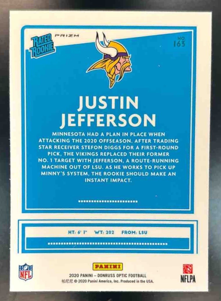 2020 Panini Donruss Optic Justin Jefferson Pink Prizm #163 RC Minnesota Vikings - Sports Cards