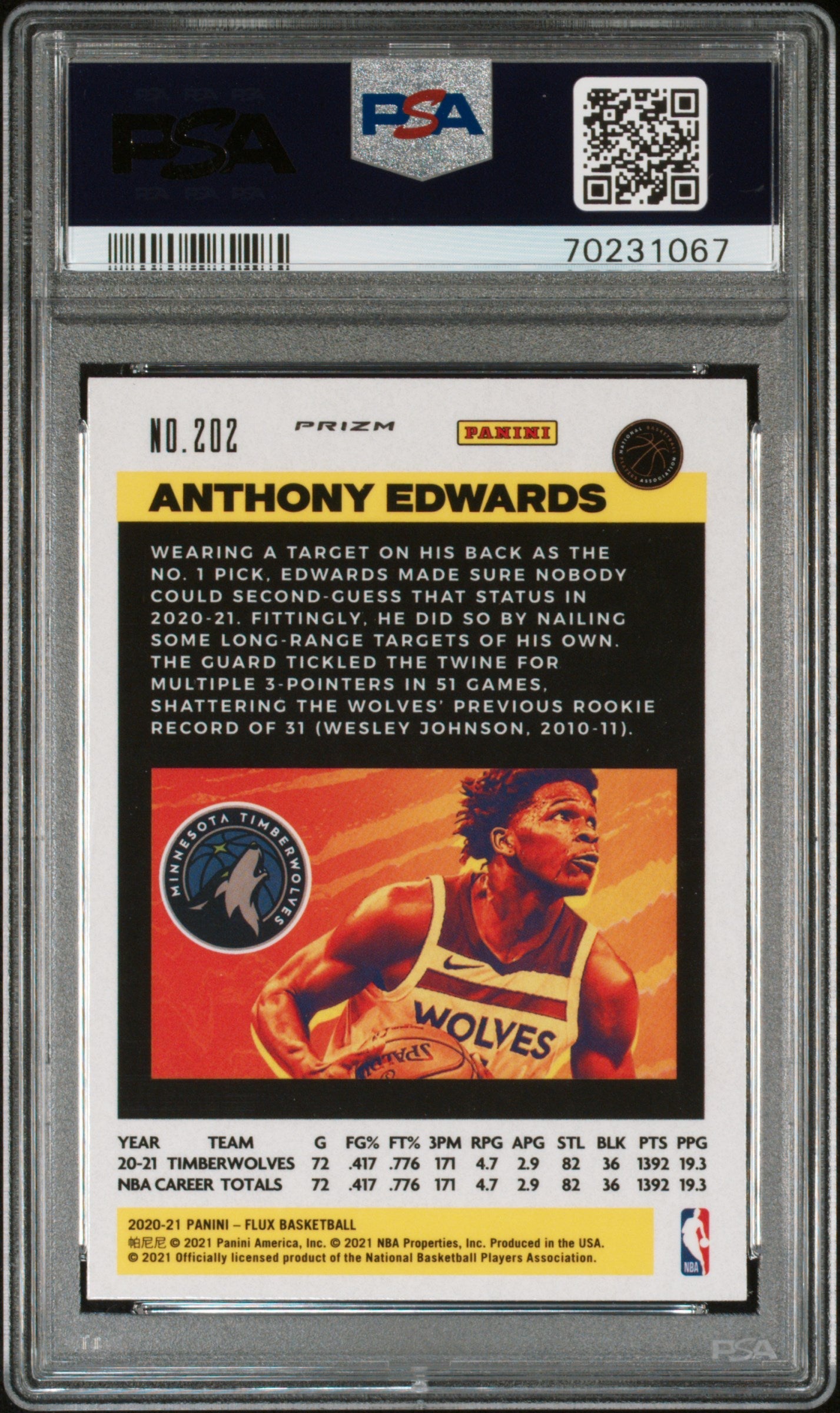 2020 Panini Flux Anthony Edwards Fanatics Cracked Ice #202 PSA 10 - Graded Sports Cards