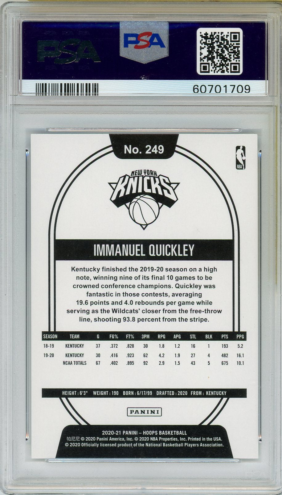 2020 Panini Hoops Immanuel Quickley #249 PSA 10 GEM MINT New York Knicks Rookie - Graded Sports Cards