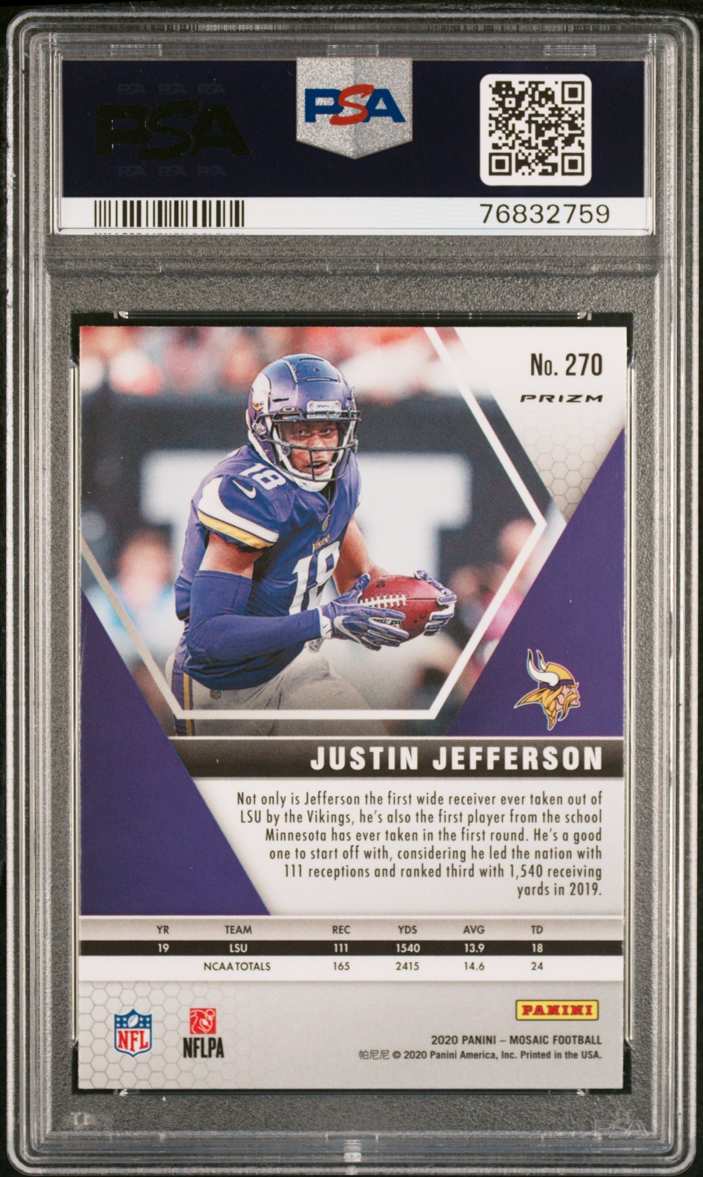 2020 Panini Mosaic Justin Jefferson Camo Pink #270 PSA 10 - Graded Sports Cards