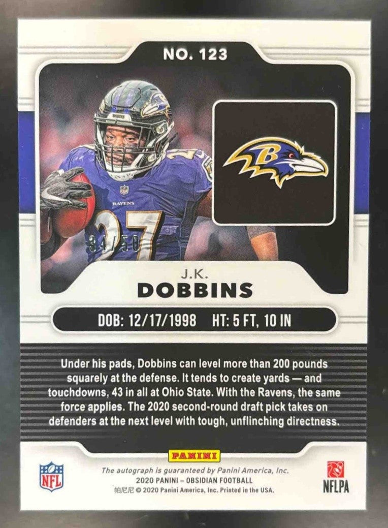 2020 Panini Obsidian J.K. Dobbins Rookie Autos /50 #123 RC Baltimore Ravens - Sports Cards