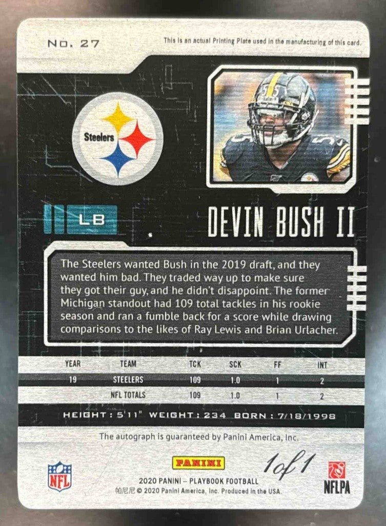 2020 Panini Playbook Devin Bush II Signatures Printing Plate Cyan 1/1 #27 Auto - Sports Cards