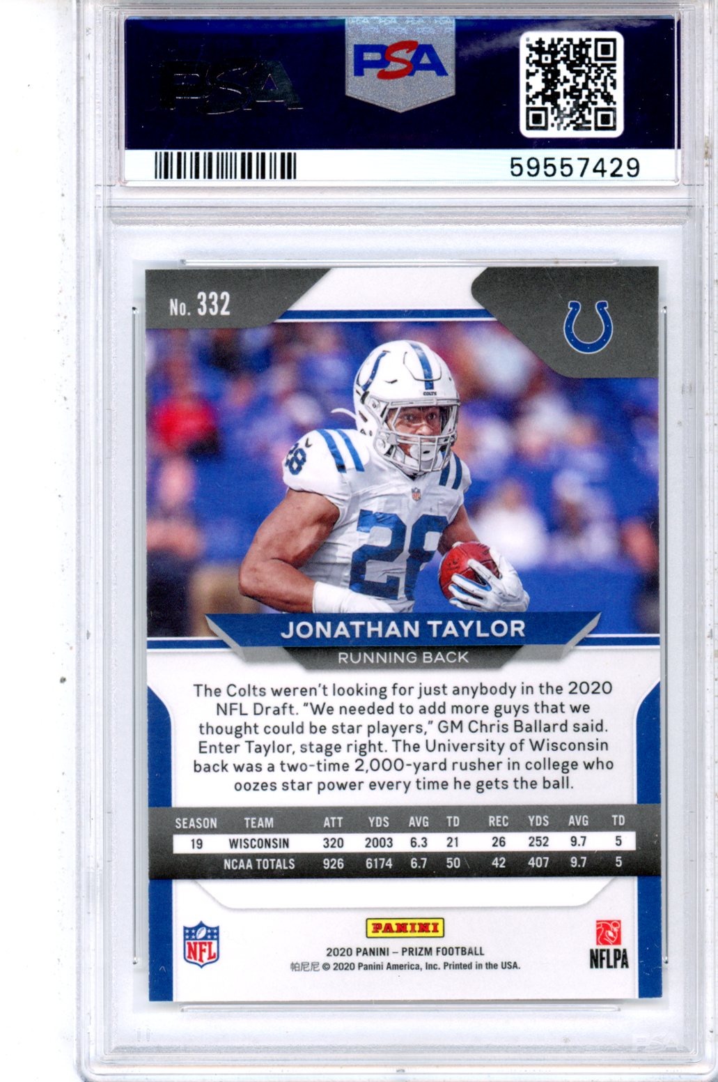 2020 Panini Prizm Jonathan Taylor Rookie #332 PSA 10 GEM MINT Indianapolis Colts - Graded Sports Cards