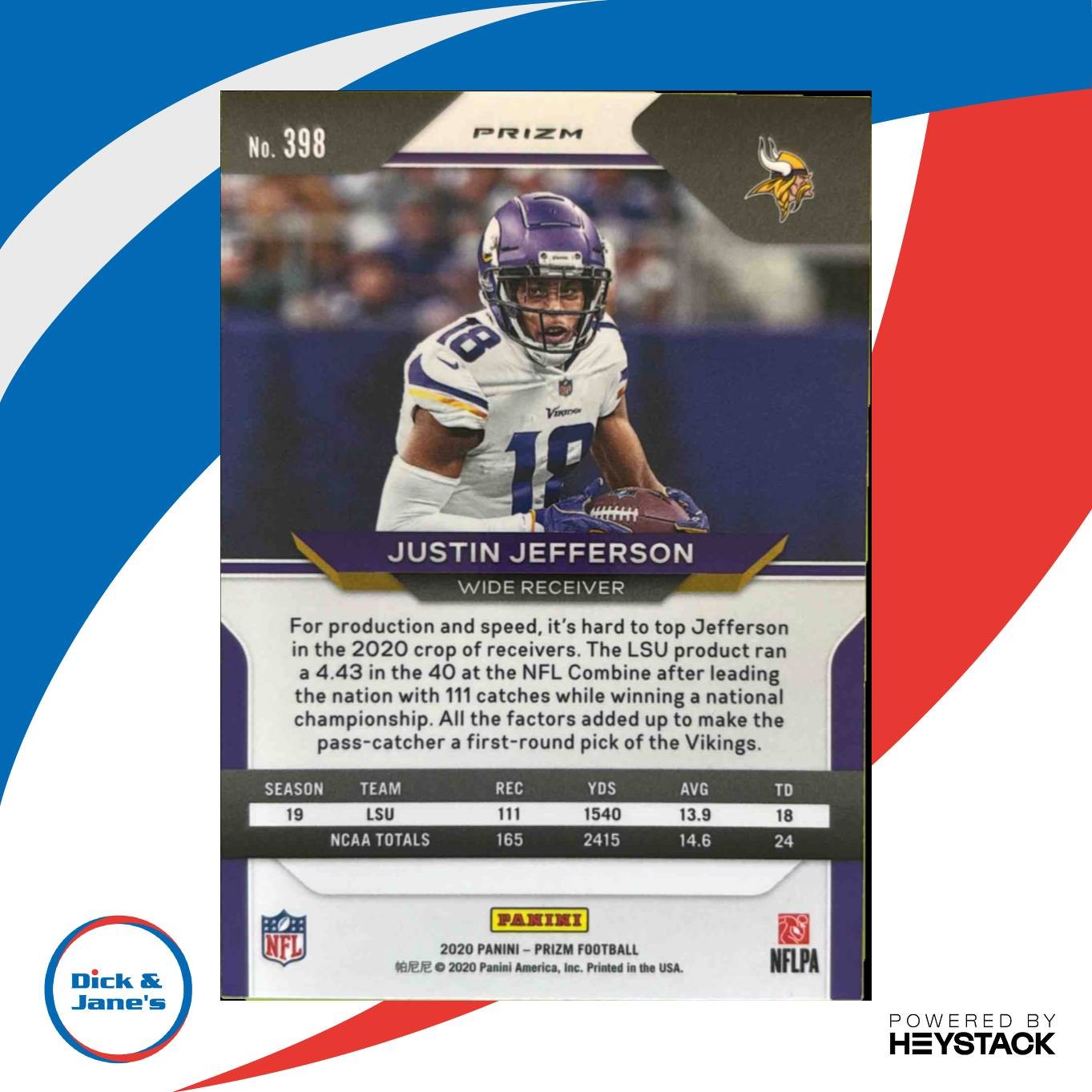 2020 Panini Prizm Justin Jefferson Red Ice #398 RC Minnesota Vikings Sports Cards