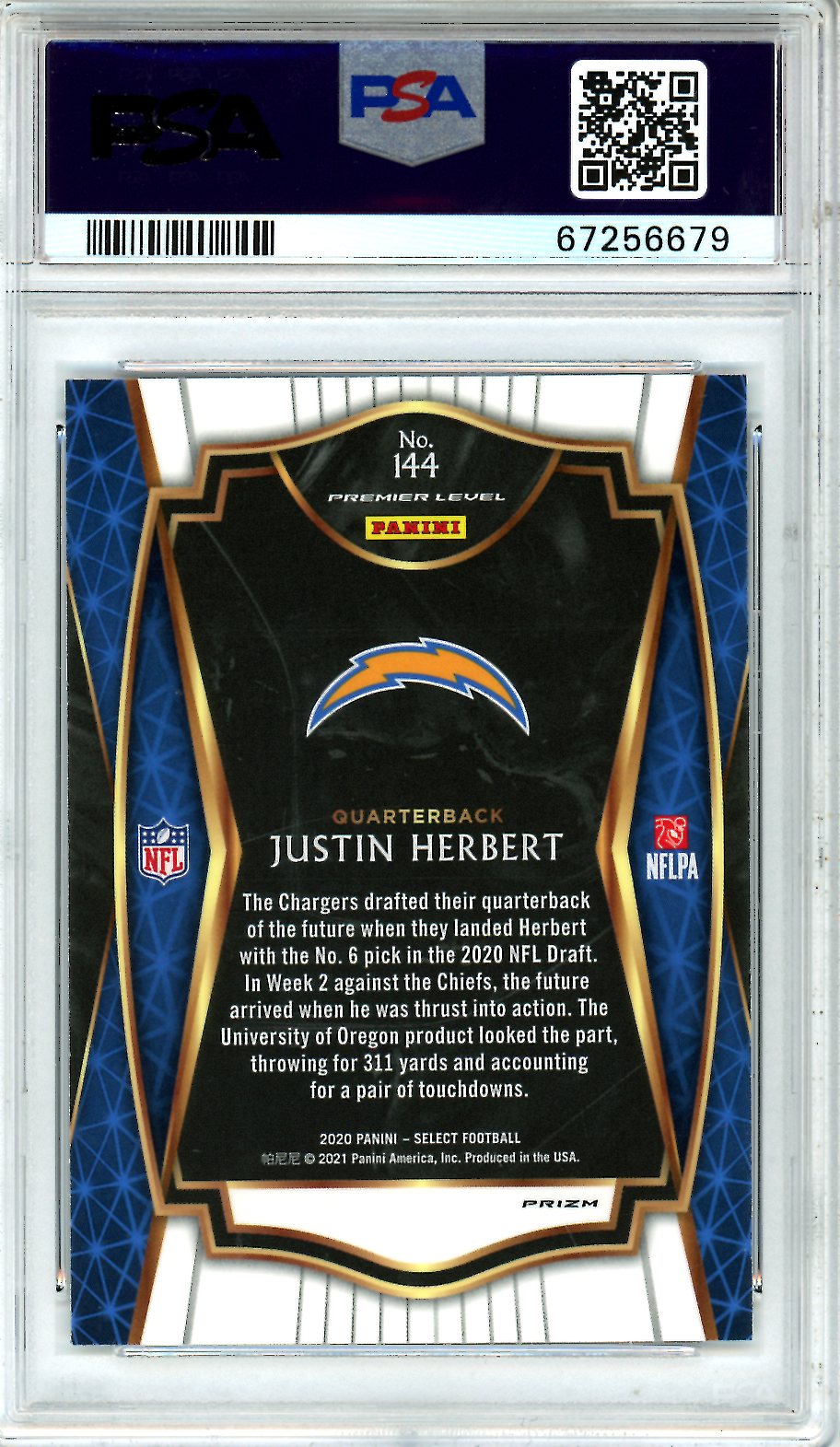 2020 Panini Select Justin Herbert Silver Prizm Rookie #144 PSA 9 MINT - Graded Sports Cards
