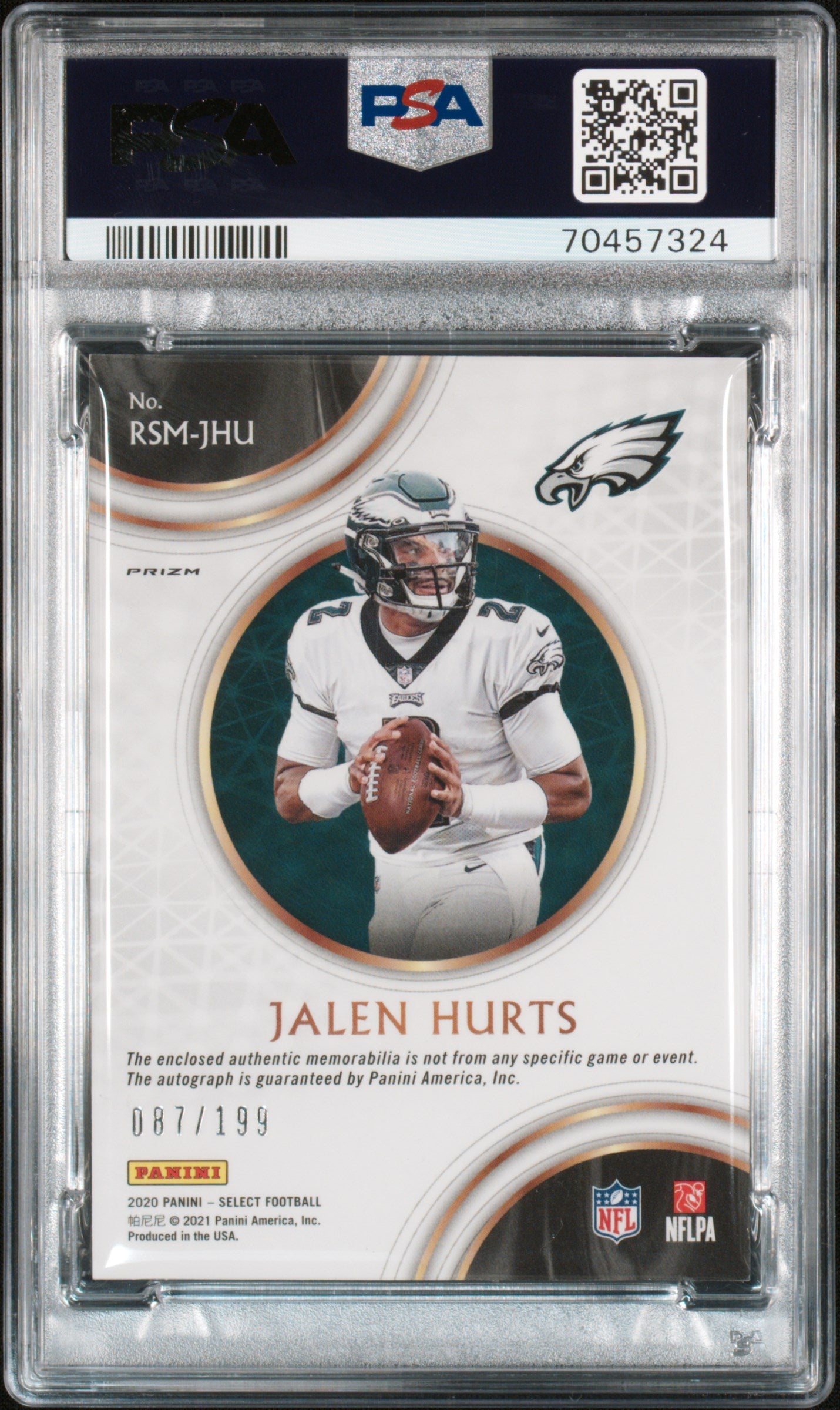 2020 Panini Select Rookie Signature Memorabilia Prizm Jalen Hurts SIG. Mem. Prizm #JHU PSA 9 - Graded Sports Cards
