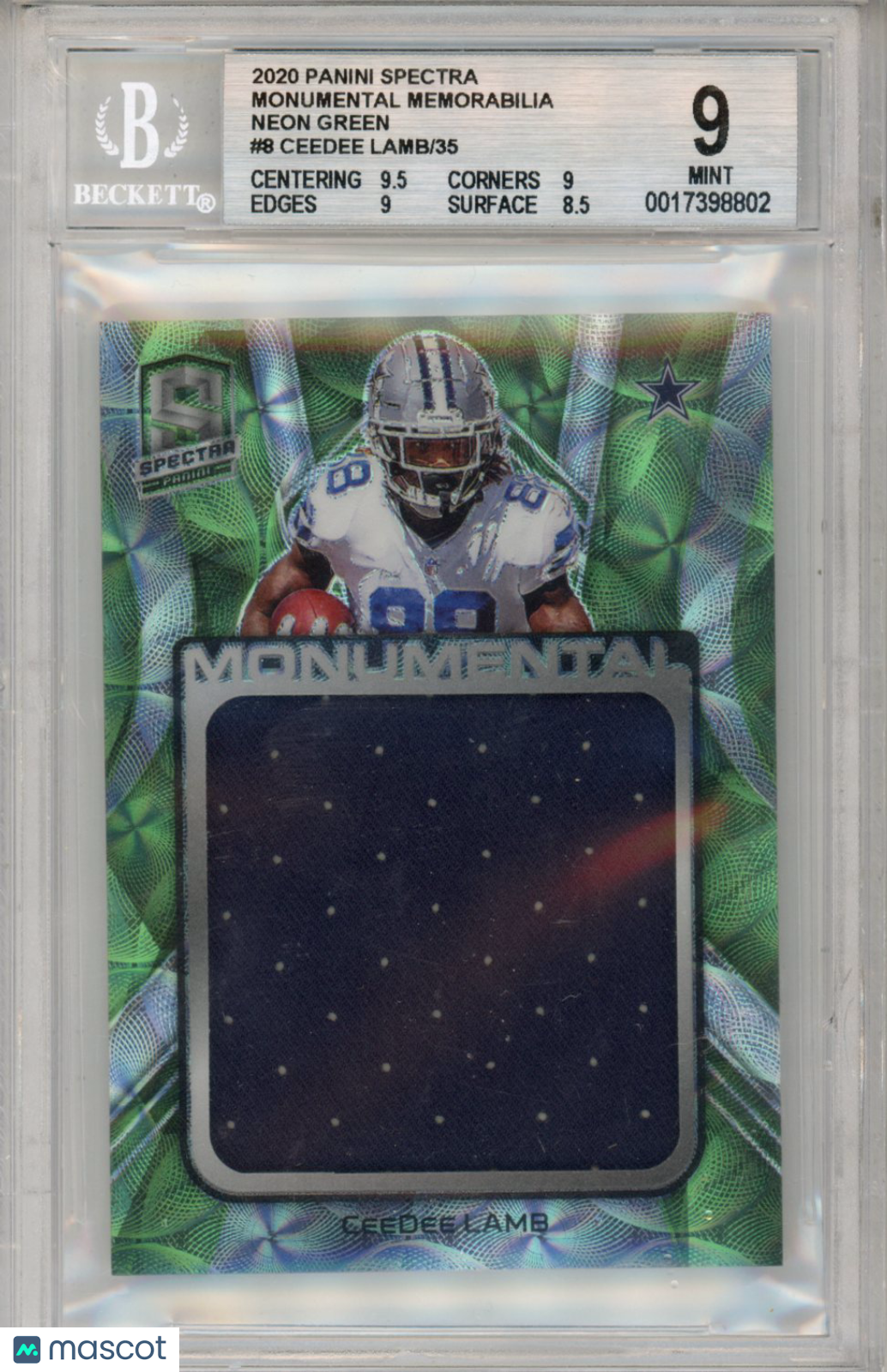 2020 Panini Spectra Monumental Memorabilia Neon Green CeeDee Lamb /35 #8 BGS 9 - Graded Sports Cards