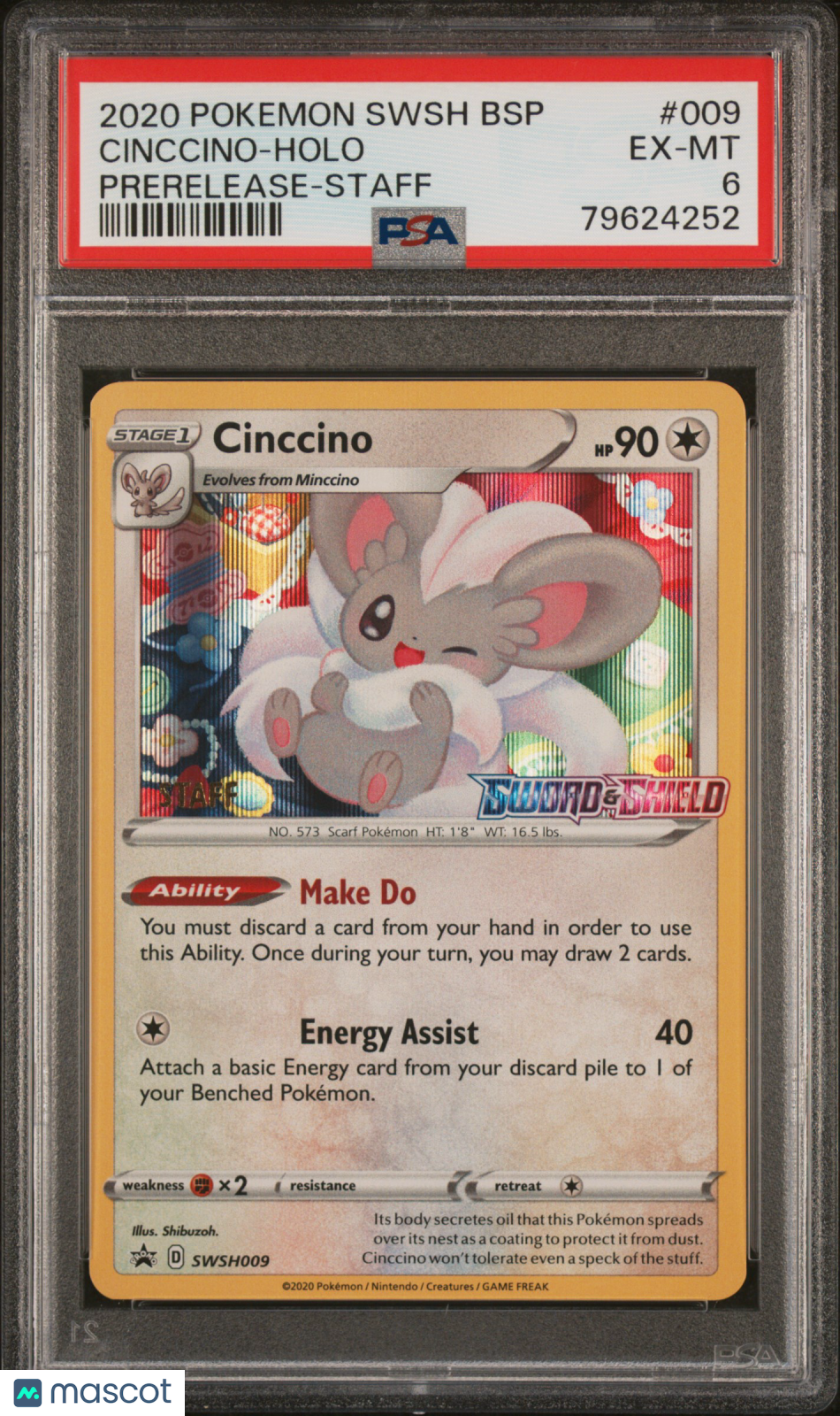 2020 Pokemon Swsh Black Star Promo Cinccino #009 Prerelease-Staff PSA 6 - Graded TCG/CCG