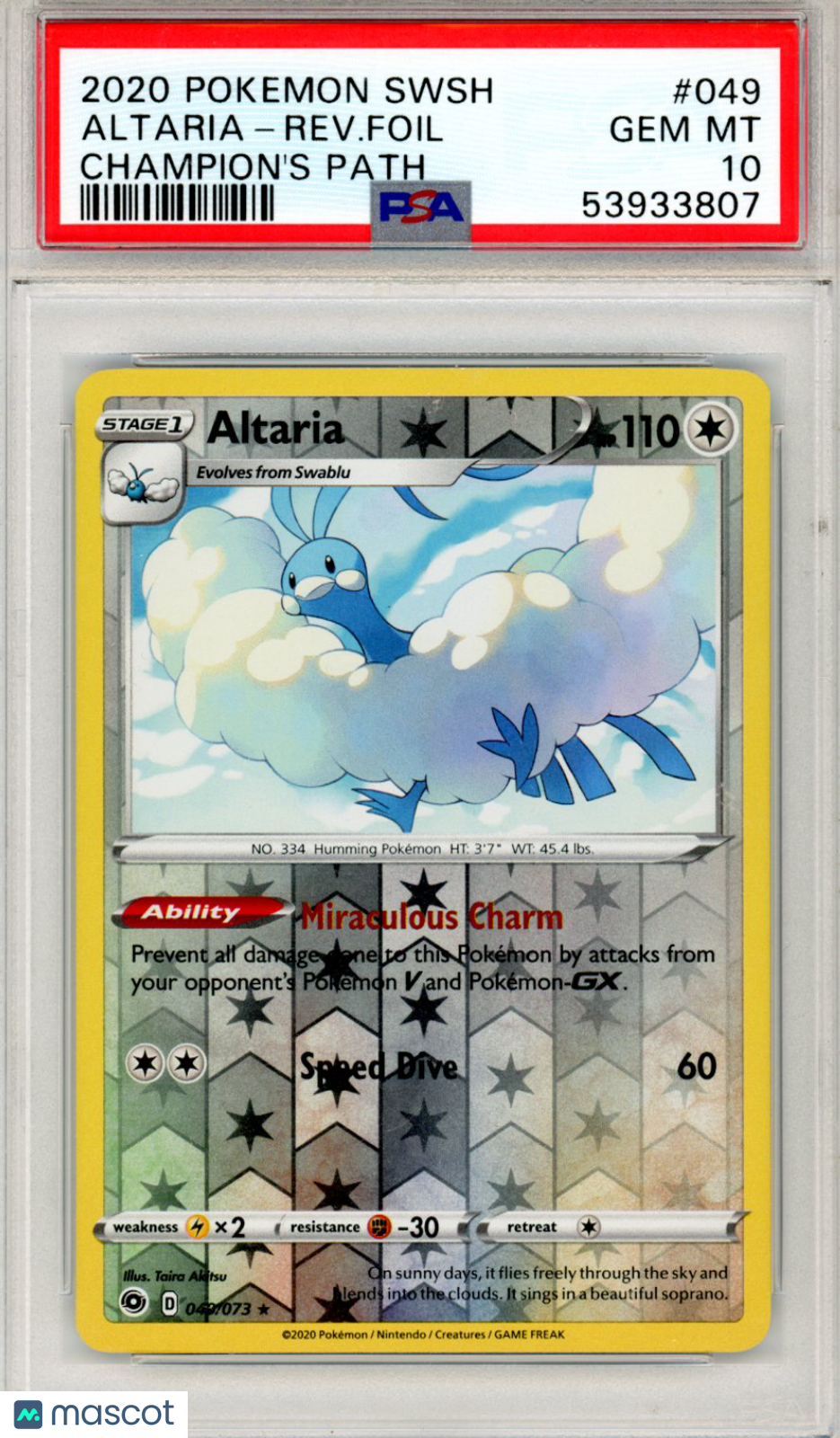 2020 Pokemon SWSH Champion’s Path Altaria-Rev. Foil #049 PSA 10 GEM MINT - Graded TCG/CCG