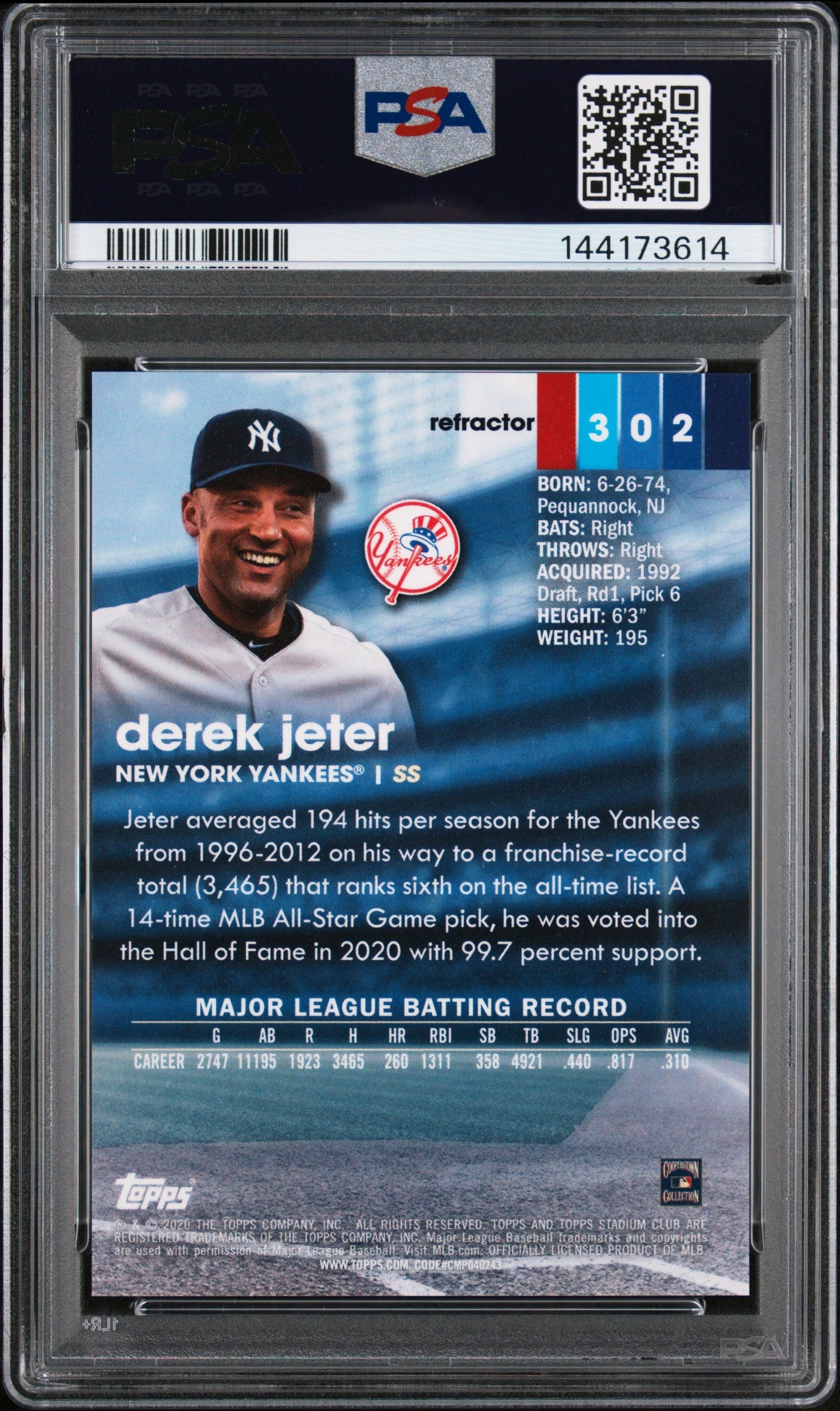 2020 Stadium Club Chrome Derek Jeter Refractor #302 PSA 9 - Graded Sports Cards