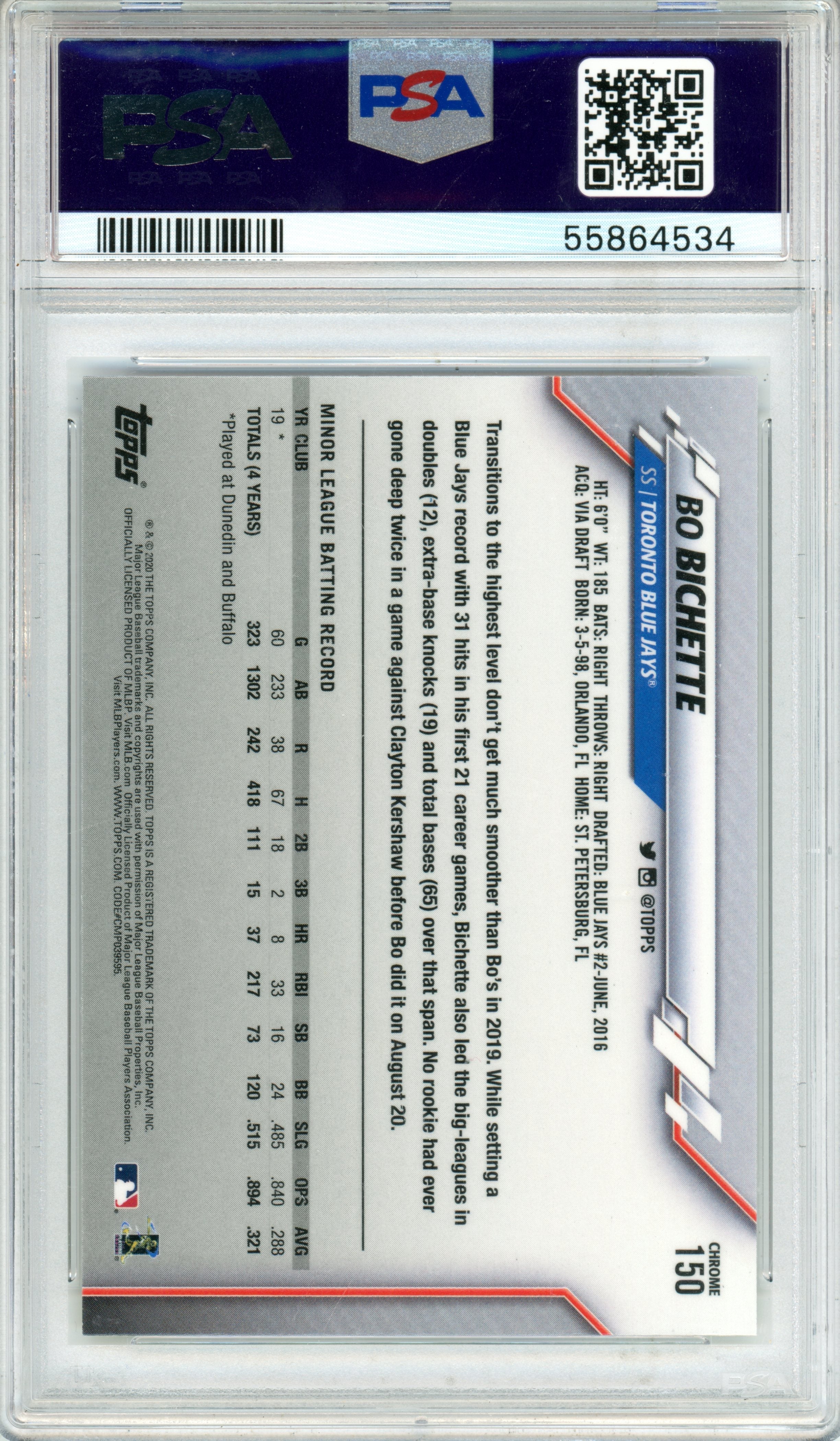 2020 Topps Chrome Bo Bichette Rookie #150 PSA 10 GEM MINT Toronto Blue Jays - Graded Sports Cards
