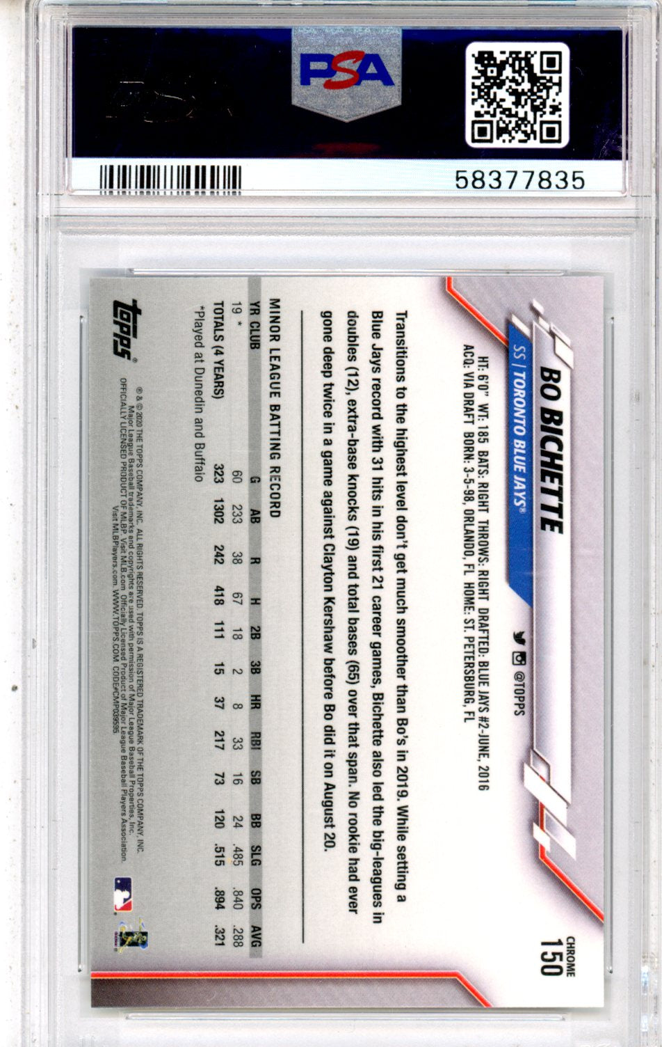 2020 Topps Chrome Bo Bichette Rookie #150 PSA 10 Toronto Blue Jays - Graded Sports Cards