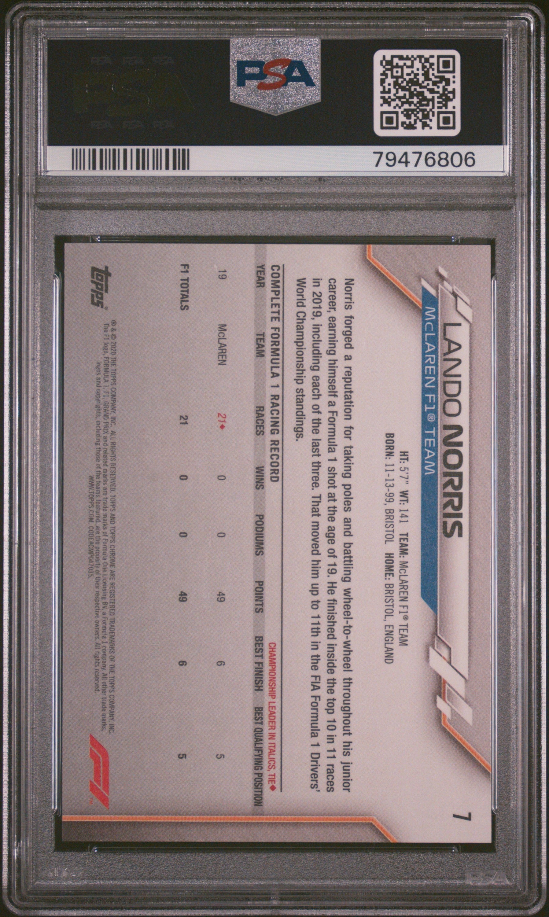 2020 Topps Chrome Formula 1 Sapphire Edition Lando Norris SP #7 PSA 10 - Graded Sports Cards
