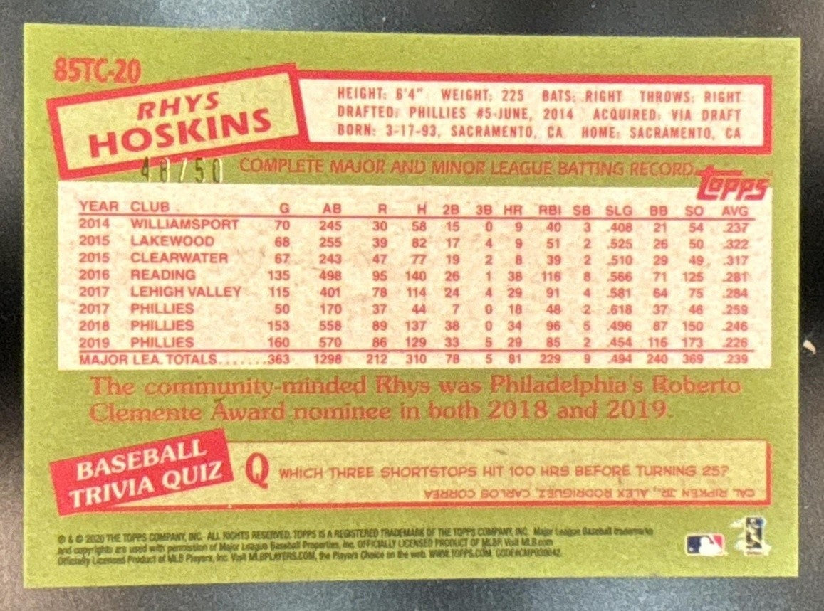 2020 Topps Chrome Rhys Hoskins 1985 Baseball Gold /50 #85TC-20 Phillies - Sports Cards