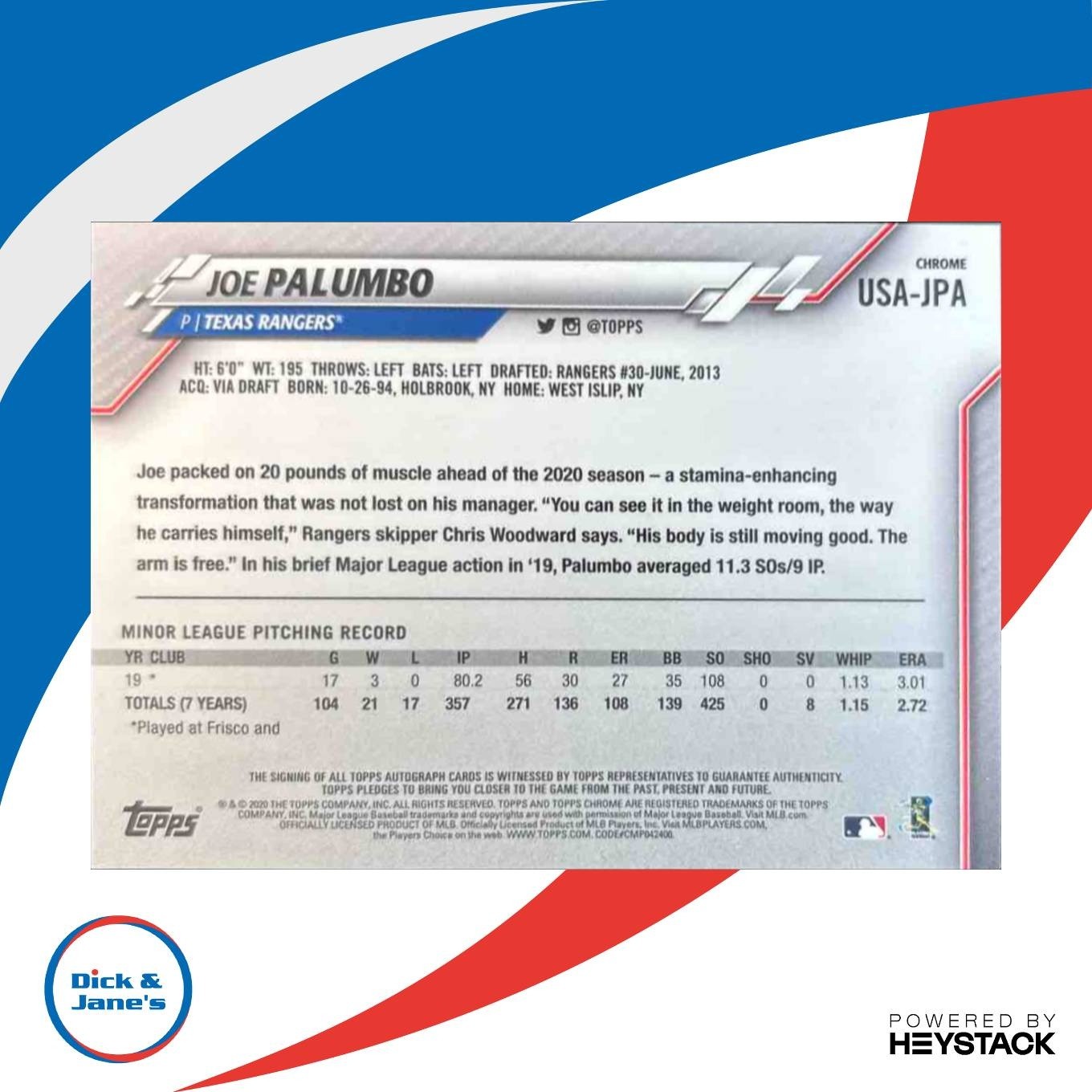 2020 Topps Chrome Update Joe Palumbo Auto #USA-JPA RC Texas Rangers - Sports Cards
