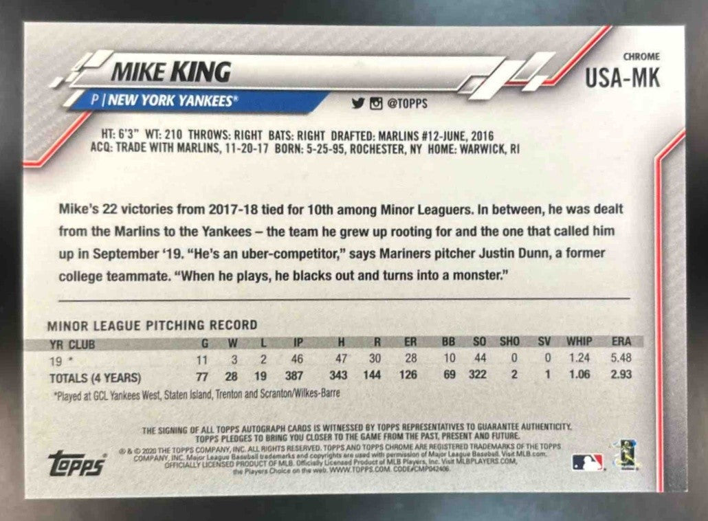 2020 Topps Chrome Update Mike King Auto #USA-MK RC New York Yankees - Sports Cards