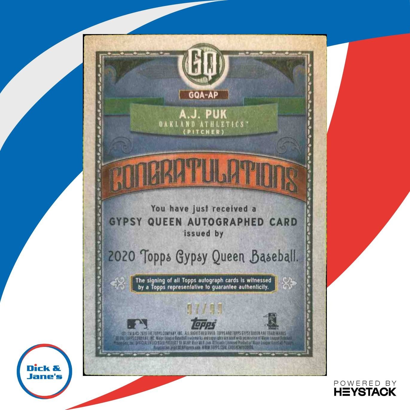 2020 Topps Gypsy Queen A.J. Puk Auto GQ Logo Swap 97/99 RC Oakland Athletics - Sports Cards