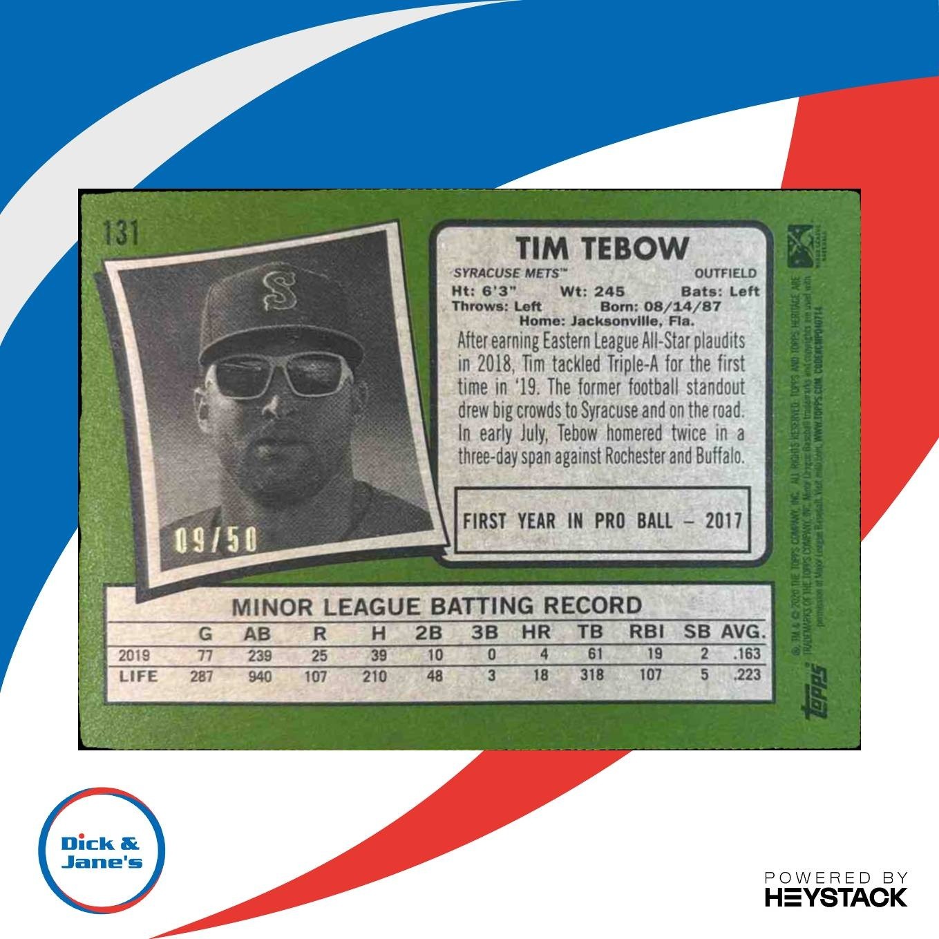 2020 Topps Heritage Minor League Tim Tebow White Border 9/50 #131 - Sports Cards