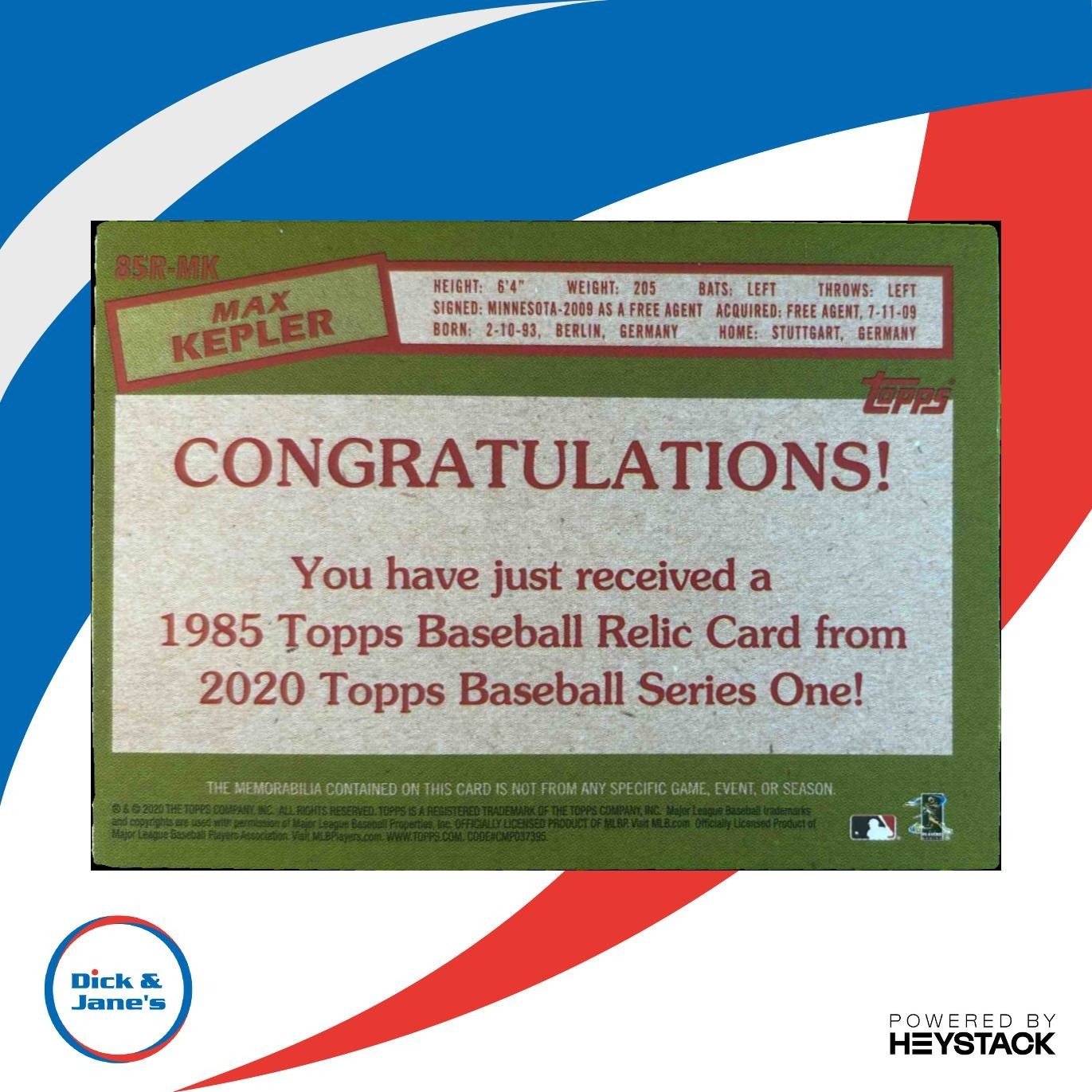 2020 Topps Max Kepler 1985 35th Anniversary Relics #85R-MK MEM Minnesota Twins - Sports Cards