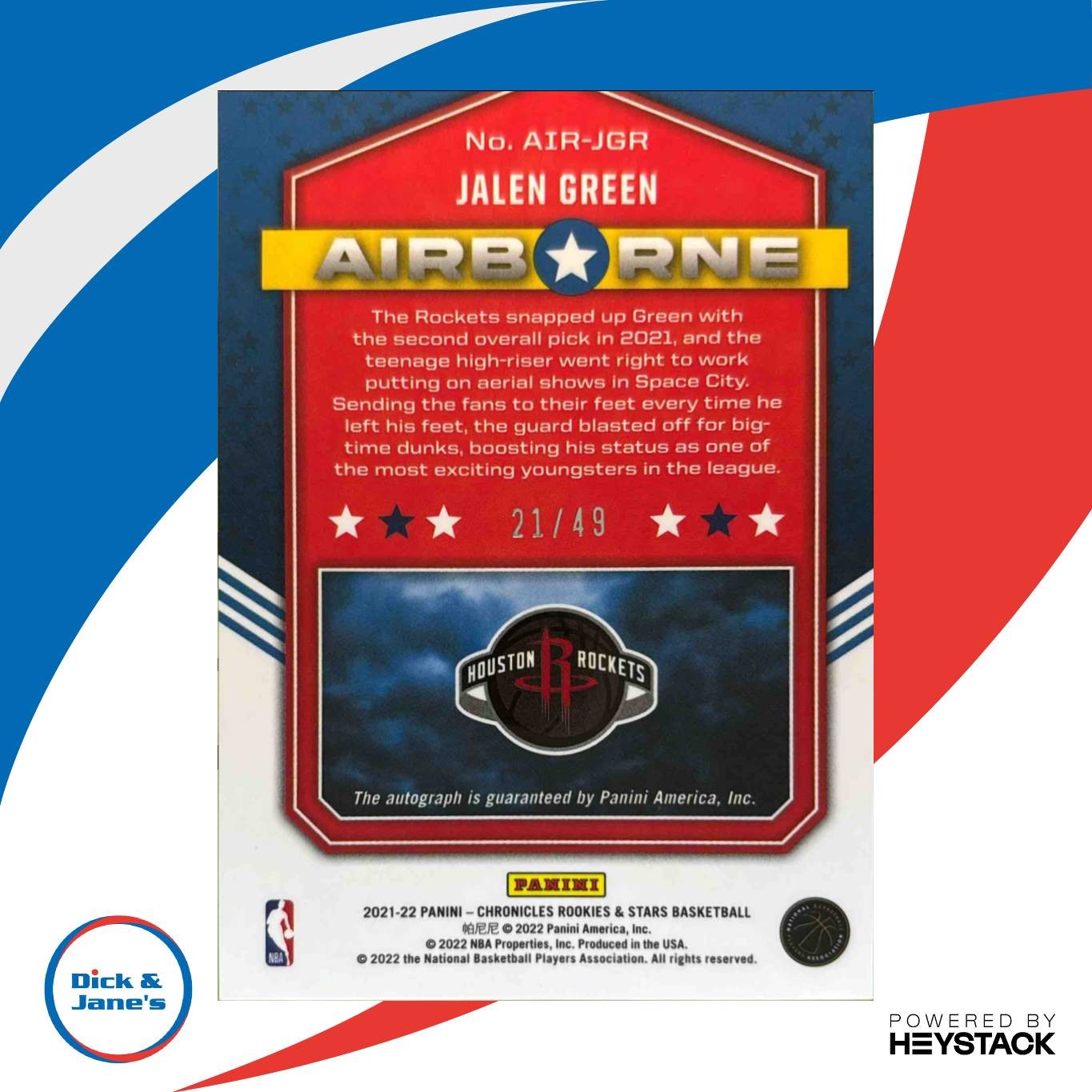 2021-22 Chronicles Jalen Green Airborne Signatures 21/49 Auto RC Houston Rockets - Sports Cards