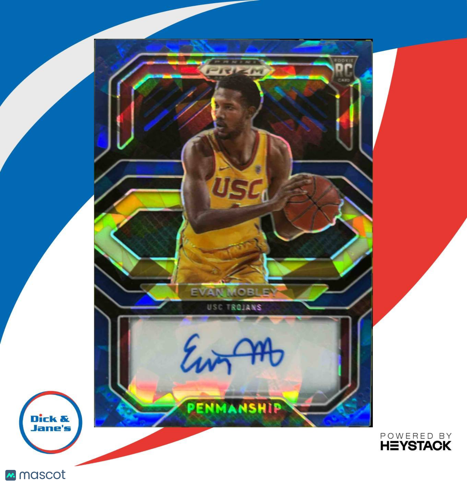 2021-22 Prizm Draft Evan Mobley College Penmanship Prizms Blue Ice /25 Auto RC - Sports Cards