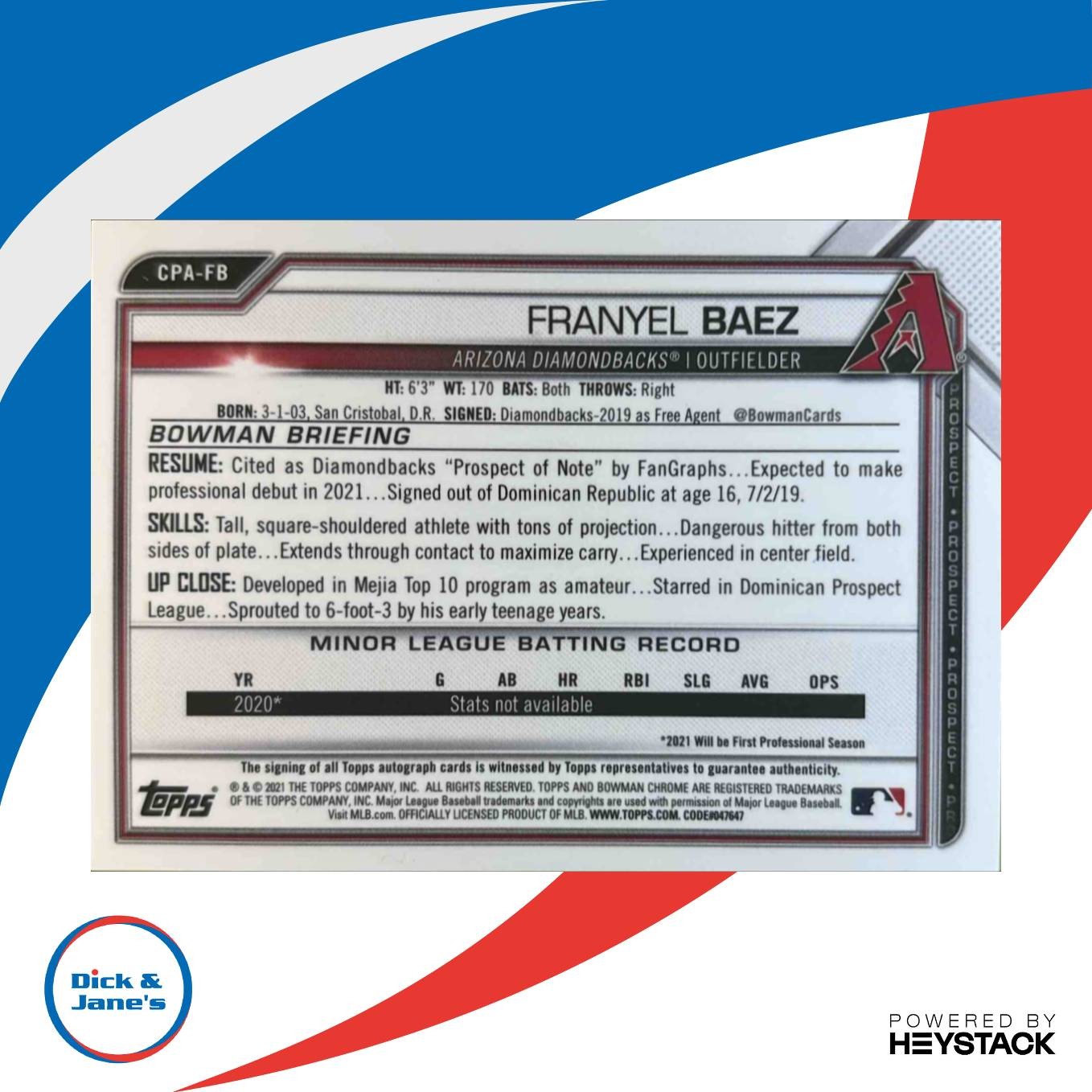 2021 Bowman Chrome Franyel Baez Auto #CPA-FB 1st Prospect Arizona Diamondbacks - Sports Cards