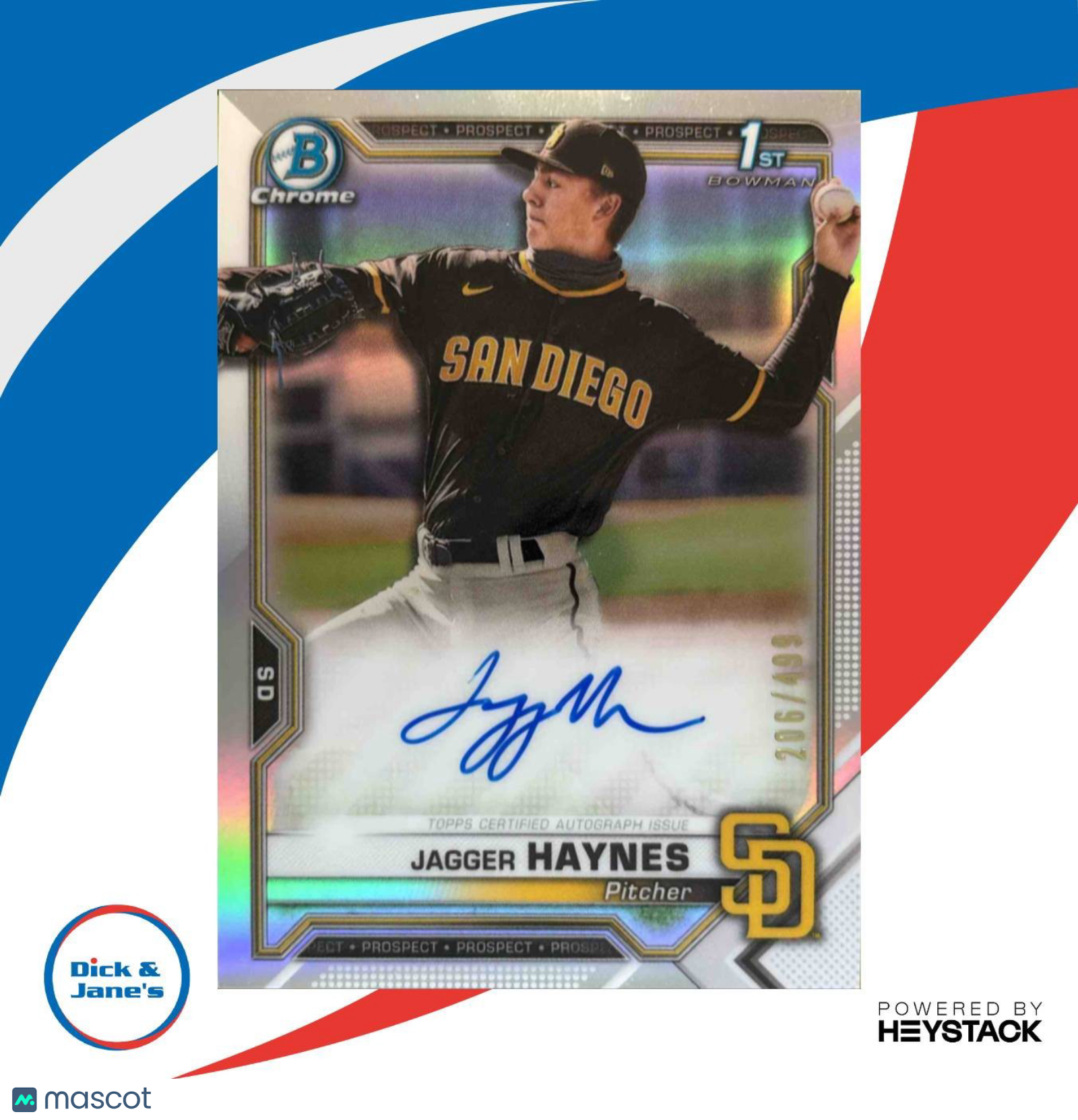 2021 Bowman Chrome Jagger Haynes Auto Refractor /499 Prospect San Diego Padres - Sports Cards