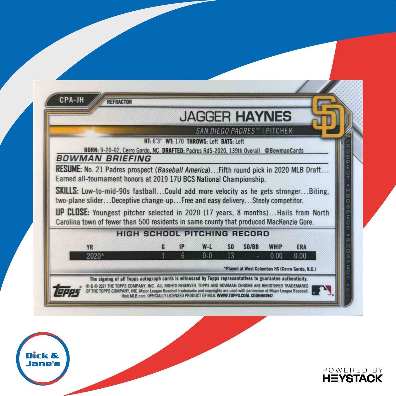 2021 Bowman Chrome Jagger Haynes Auto Refractor /499 Prospect San Diego Padres - Sports Cards