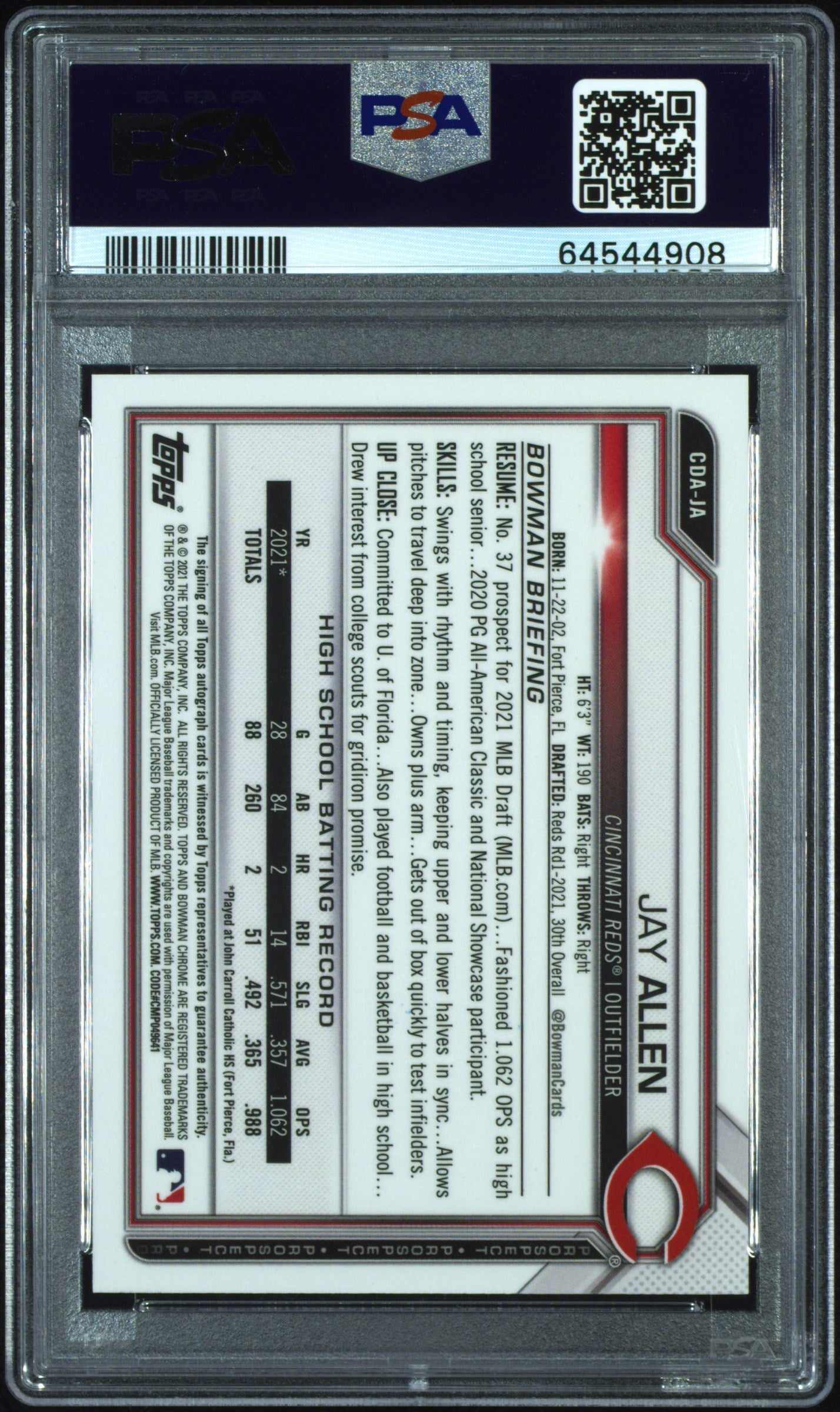 2021 Bowman Draft Chrome Draft Pick Autographs Jay Allen Autograph #CDAJA PSA 10 - Graded Sports Cards