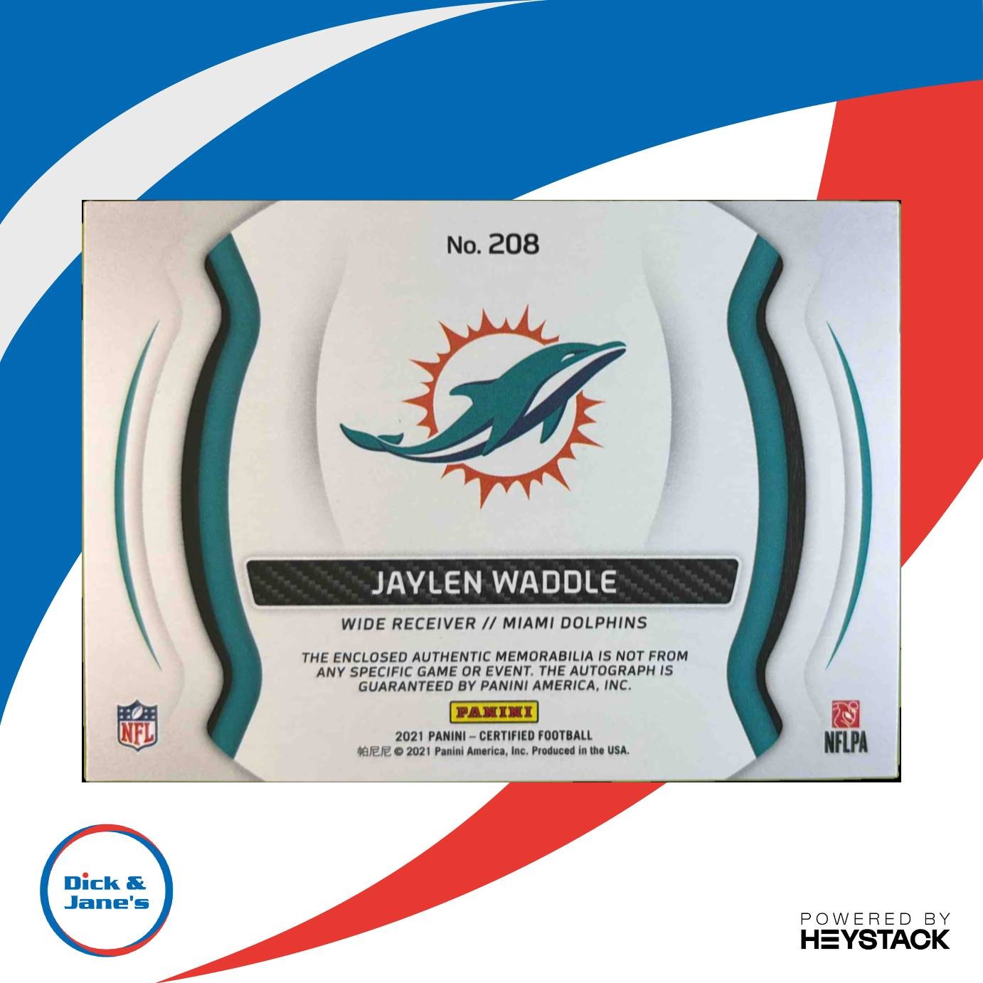 2021 Certified Jaylen Waddle /249 #208 Auto RC Freshman Fabric Miami Dolphins - Sports Cards