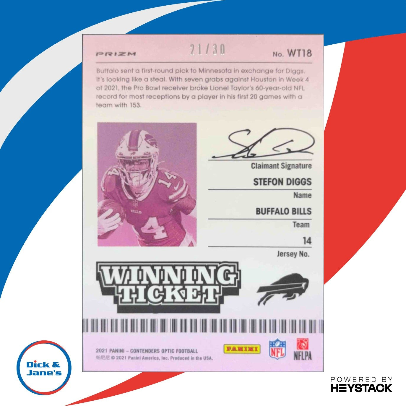 2021 Contenders Optic Stefon Diggs Winning Tickets Green Pulsar 21/30 Buffalo - Sports Cards