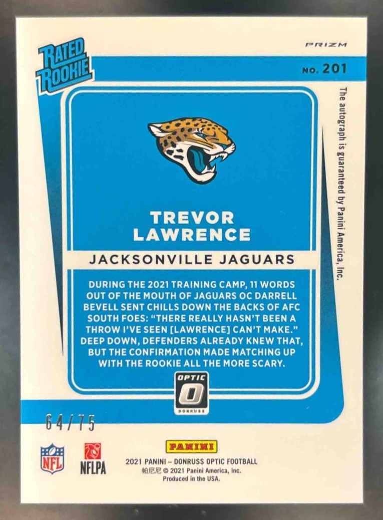 2021 Donruss Optic Trevor Lawrence RPS Auto Red /75 #201 RC Jacksonville Jaguars - Sports Cards
