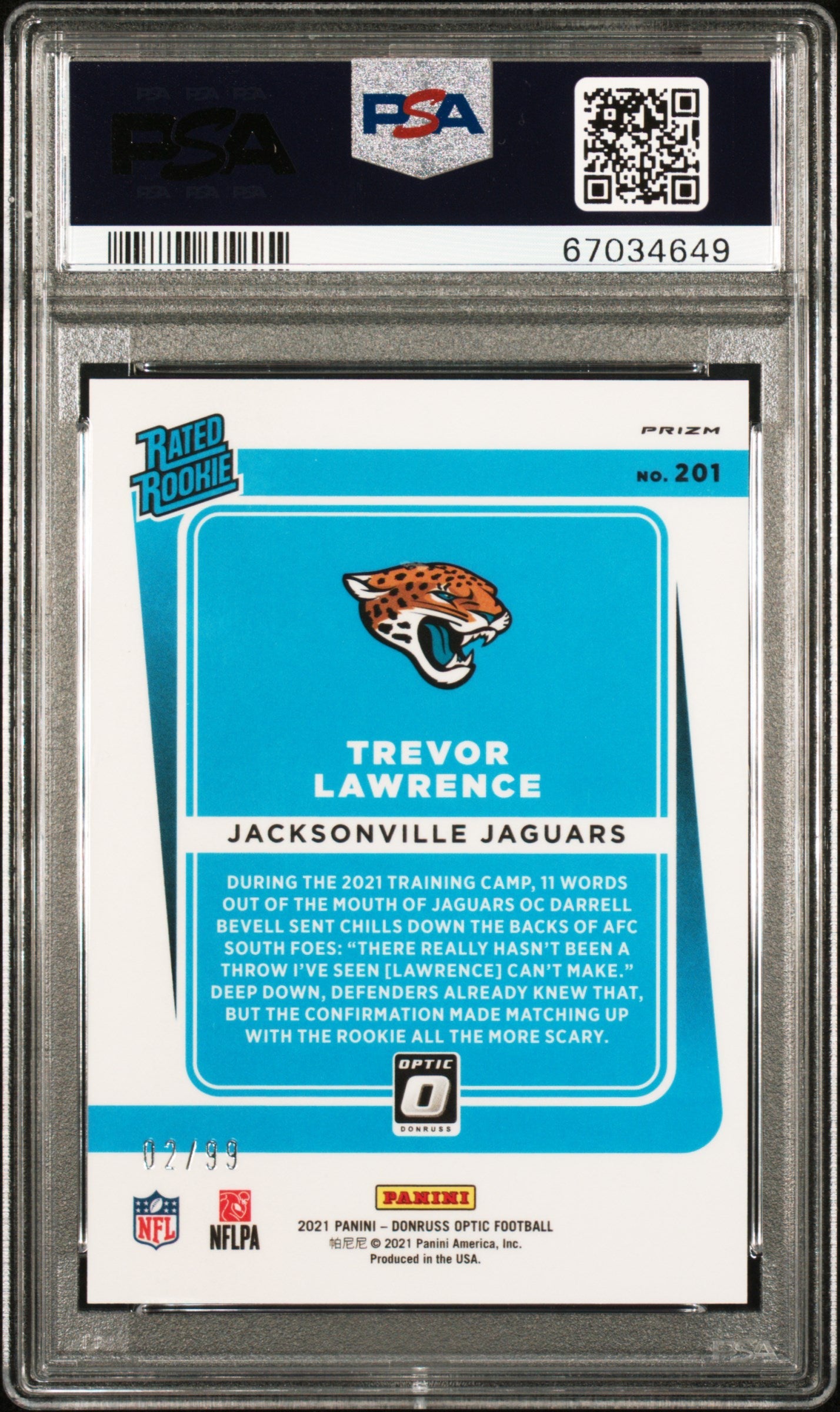 2021 Donruss Optic Trevor Lawrence TRUE Red 02/99 Rookie #201 PSA 9 MINT Jaguars - Graded Sports Cards