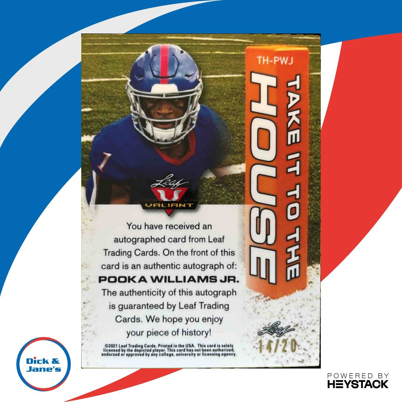 2021 Leaf Valiant Pooka Williams Take It To The House Platinum Blue /20 RC Auto - Sports Cards